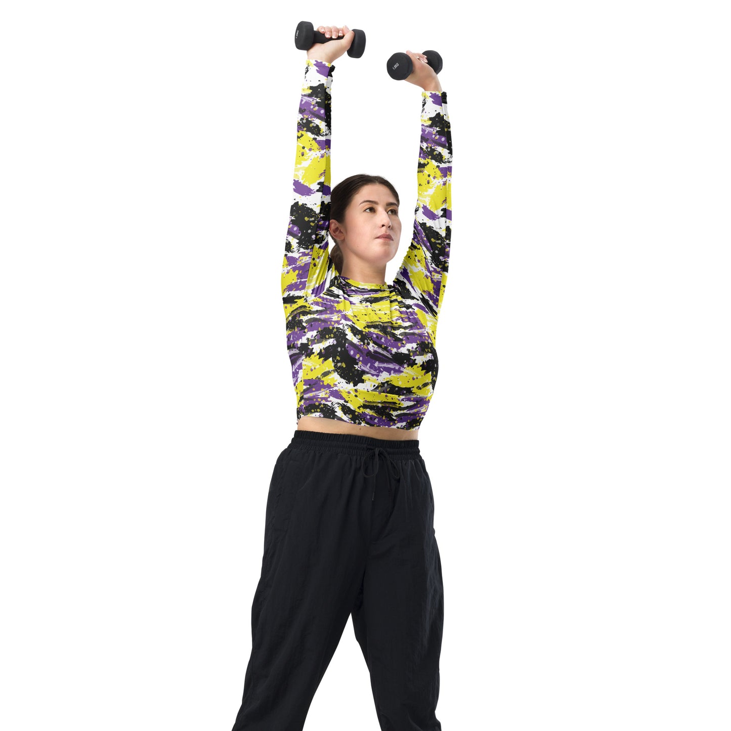 Non Binary Pride Recycled Long Sleeve Crop Top - LGBTQIA Yellow, Purple, White, Black Flag Cropped Shirt - Parade Club Swimming