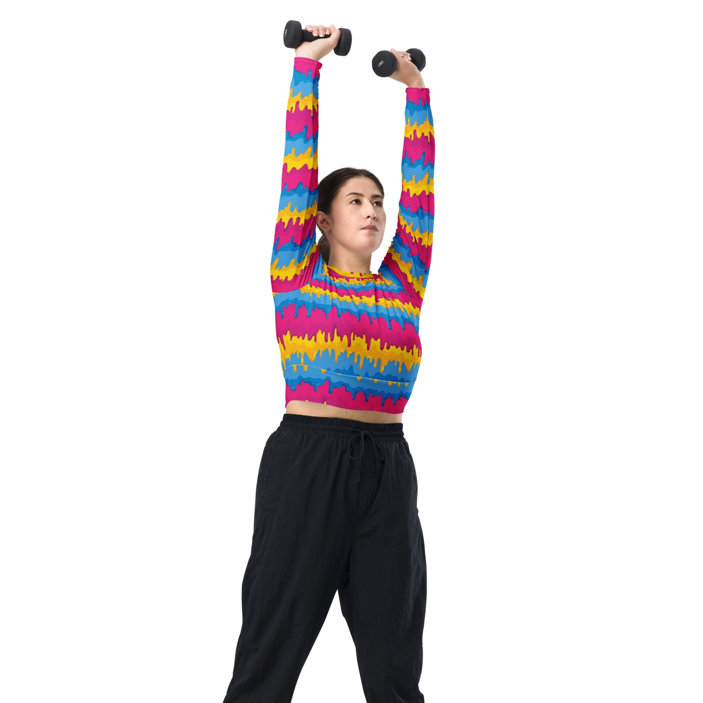 Pansexual Pride Recycled Long Sleeve Crop Top - LGBTQIA Pink, Blue, Yellow  Flag Cropped Shirt - Parade Club Swimming