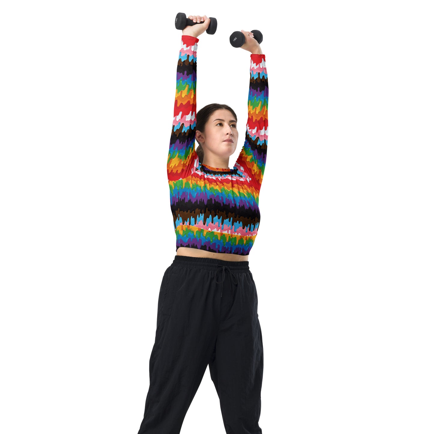 Progress Pride Pride Recycled Long Sleeve Crop Top - LGBTQIA Red, Orange, Yellow, Green, Rainbow, Purple, Black, Pink and White Flag Cropped Shirt - Parade Club Swimming