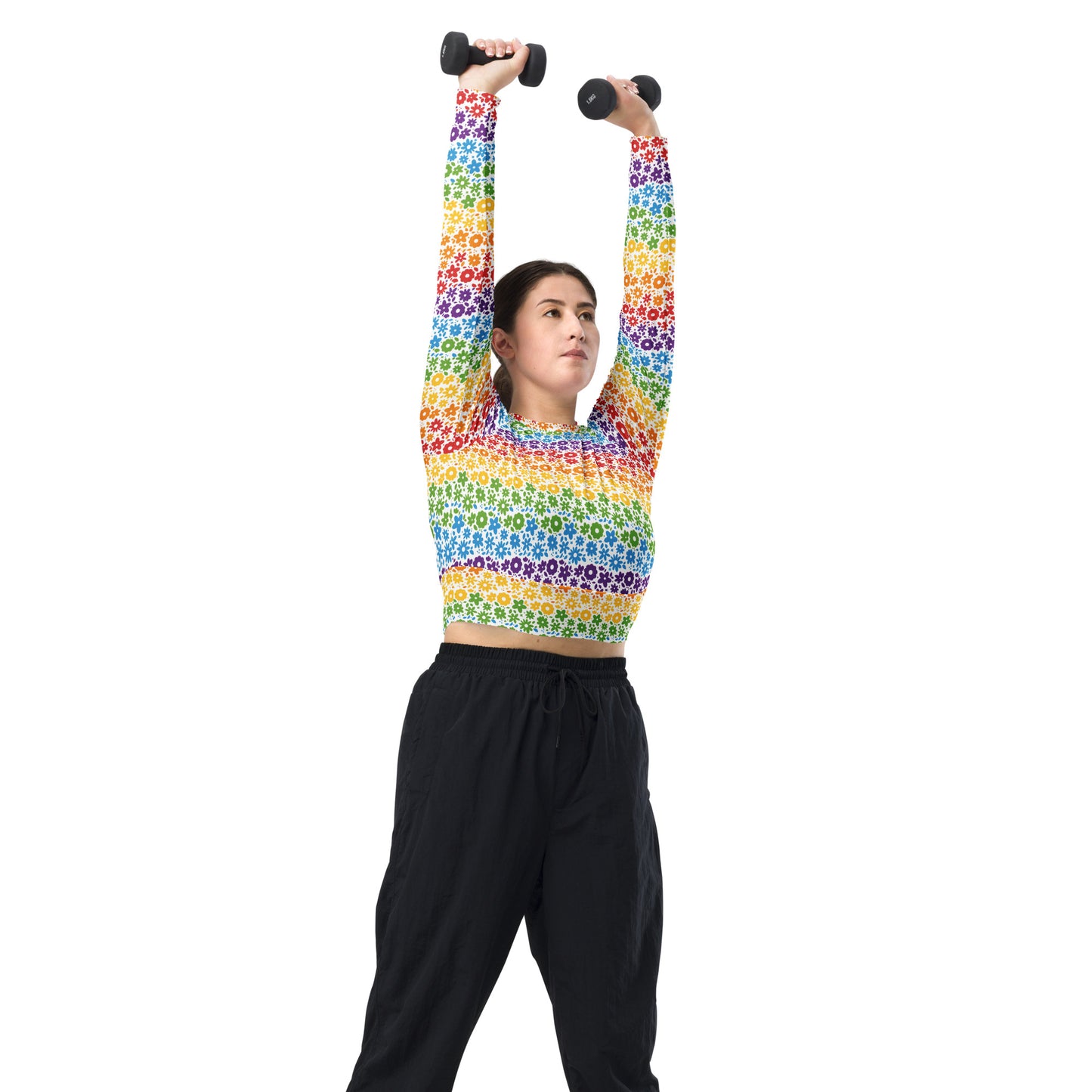 Rainbow Pride Recycled Long Sleeve Crop Top - LGBTQIA Red, Orange, Yellow, Green, Blue, Indigo, and Viole Flag Cropped Shirt - Parade Club Swimming