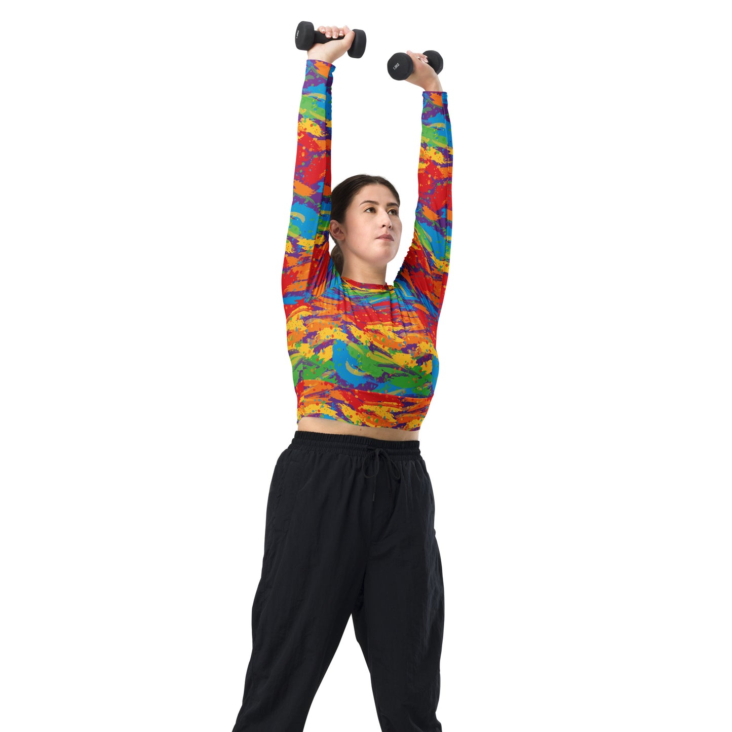 Rainbow Pride Recycled Long Sleeve Crop Top - LGBTQIA Red, Orange, Yellow, Green, Blue, Indigo, and Viole Flag Cropped Shirt - Parade Club Swimming