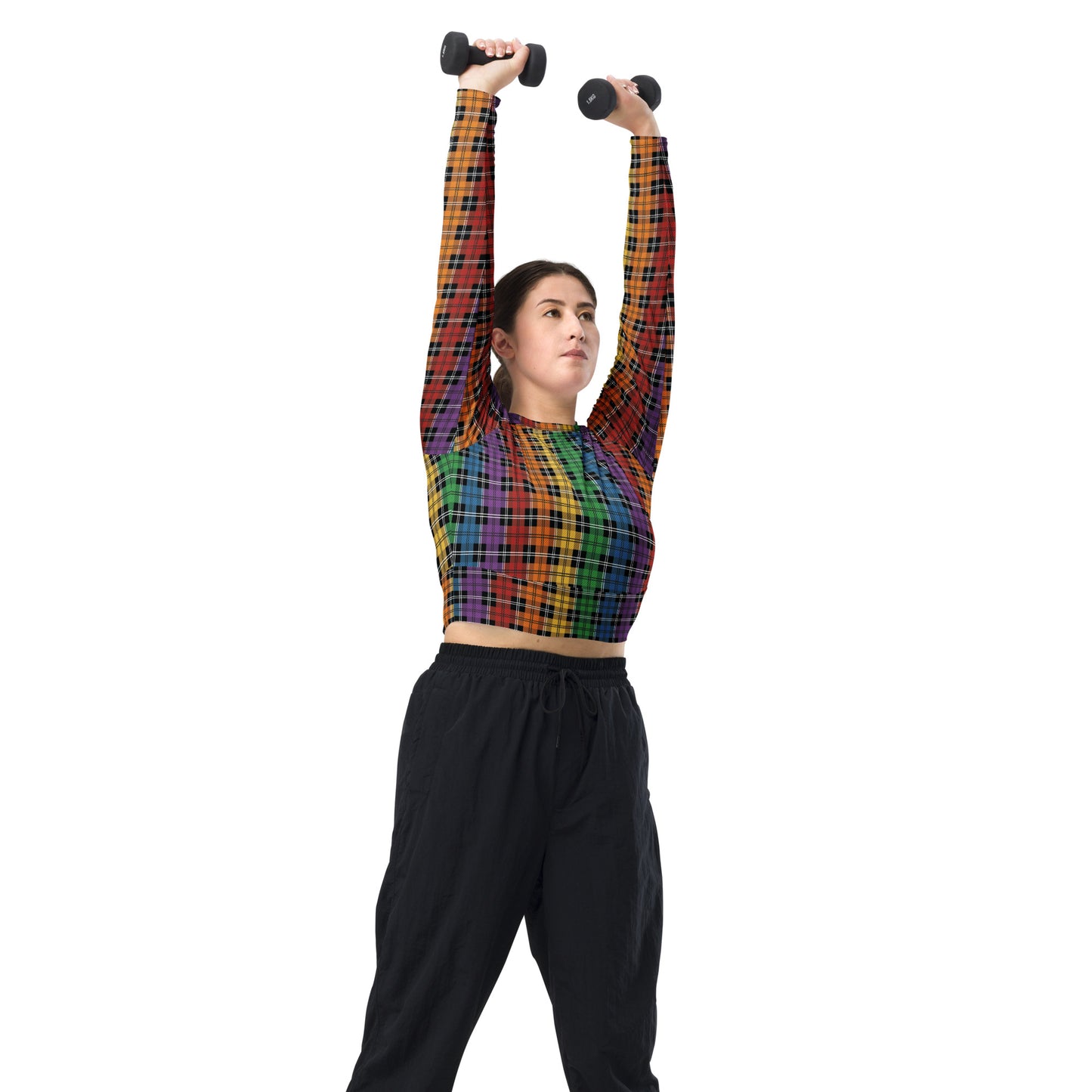 Rainbow Pride Recycled Long Sleeve Crop Top - LGBTQIA Red, Orange, Yellow, Green, Blue, Indigo, and Viole Flag Cropped Shirt - Parade Club Swimming