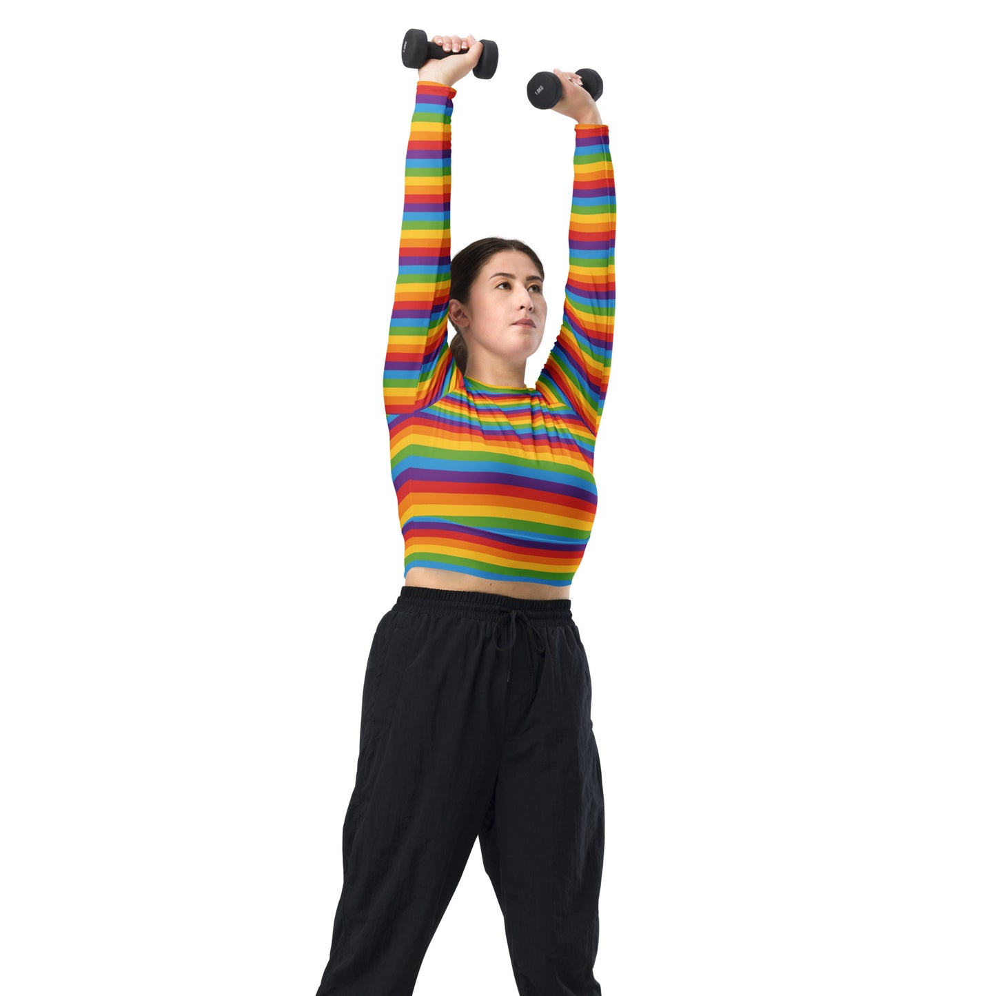 Rainbow Pride Recycled Long Sleeve Crop Top - LGBTQIA Red, Orange, Yellow, Green, Blue, Indigo, and Viole Flag Cropped Shirt - Parade Club Swimming