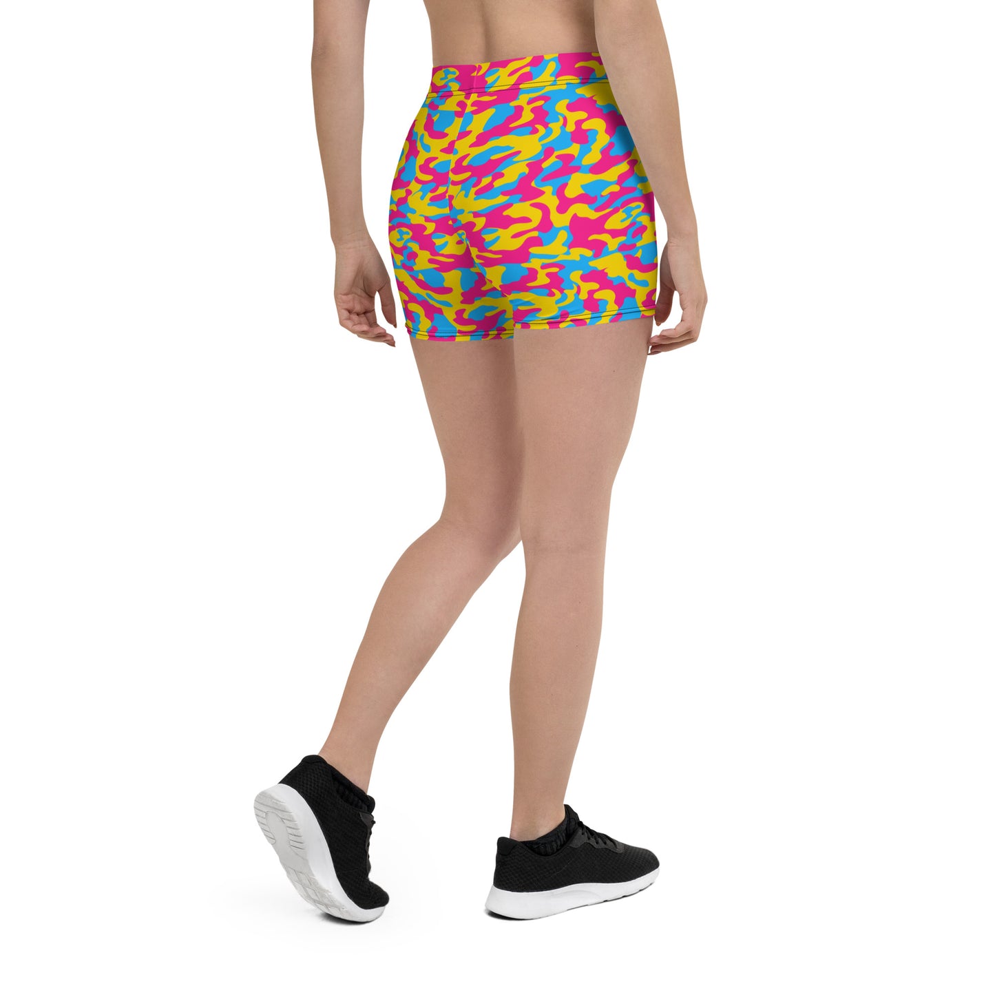 Pansexual Pride Women's Camo Fitted Shorts - LGBTQIA Pink, Blue, Yellow Pan Flag - Running Parade Club