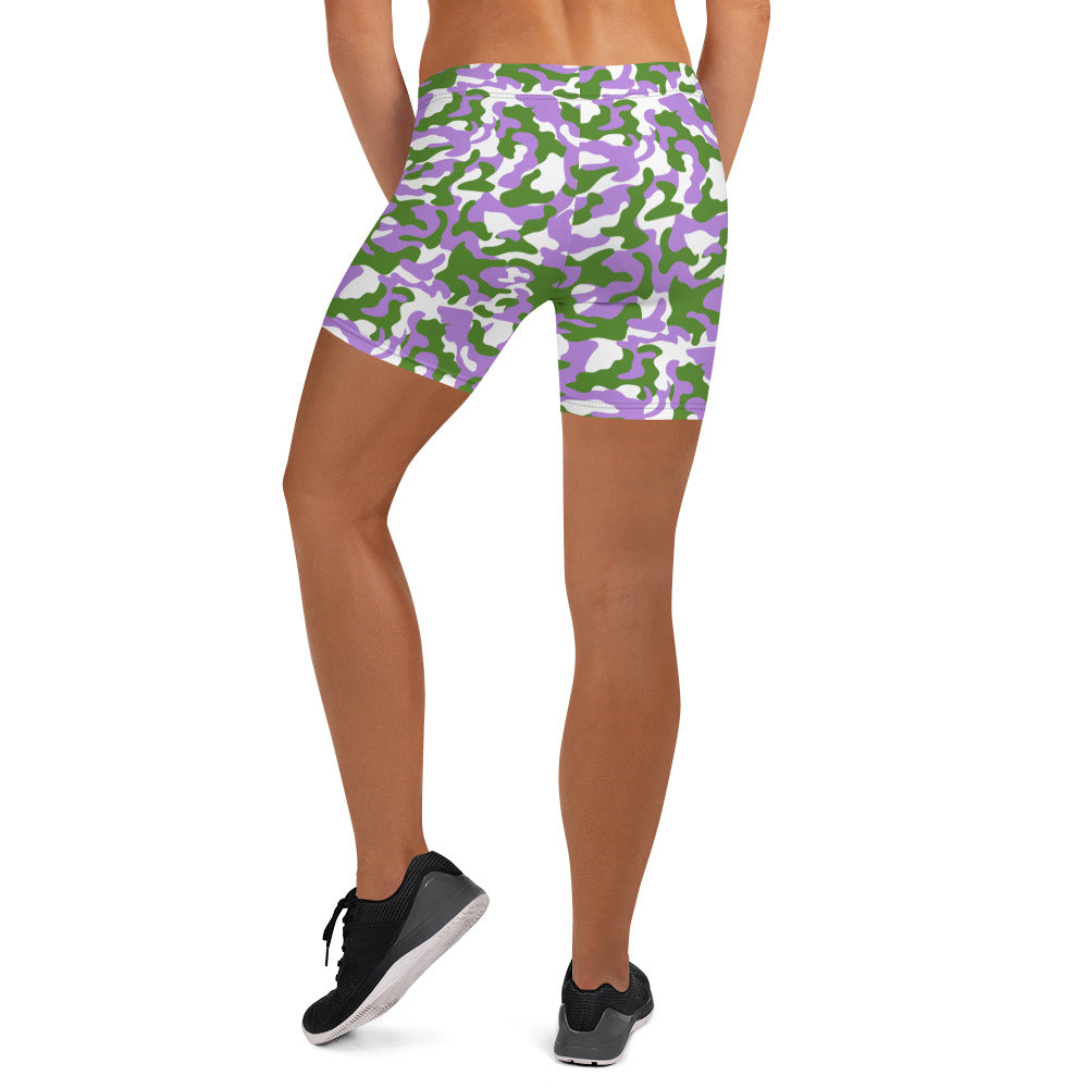 Genderqueer Pride Women's Fitted Camo Shorts - LGBTQIA Green, Purple, and White Queer Flag - Running Parade Club