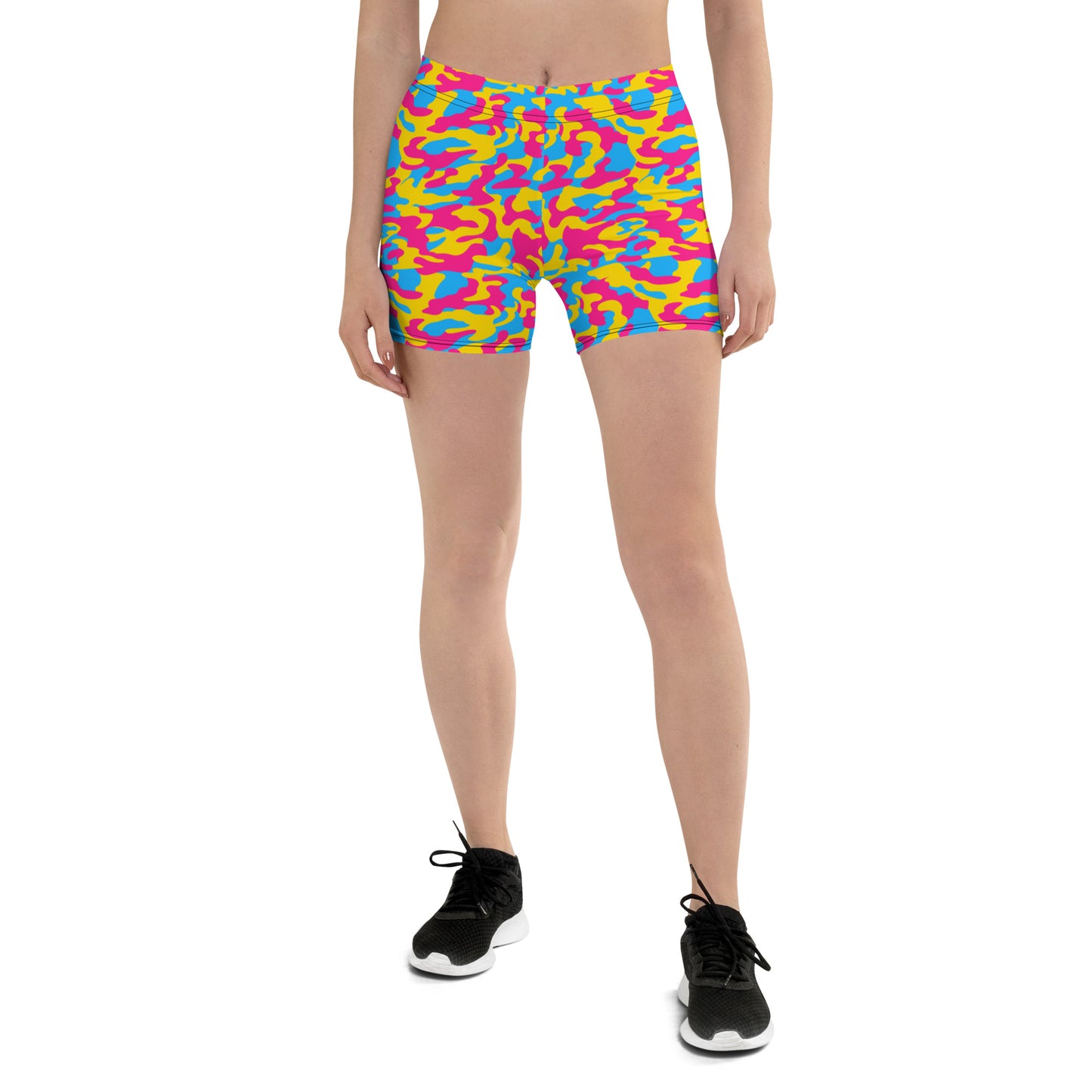 Pansexual Pride Women's Camo Fitted Shorts - LGBTQIA Pink, Blue, Yellow Pan Flag - Running Parade Club