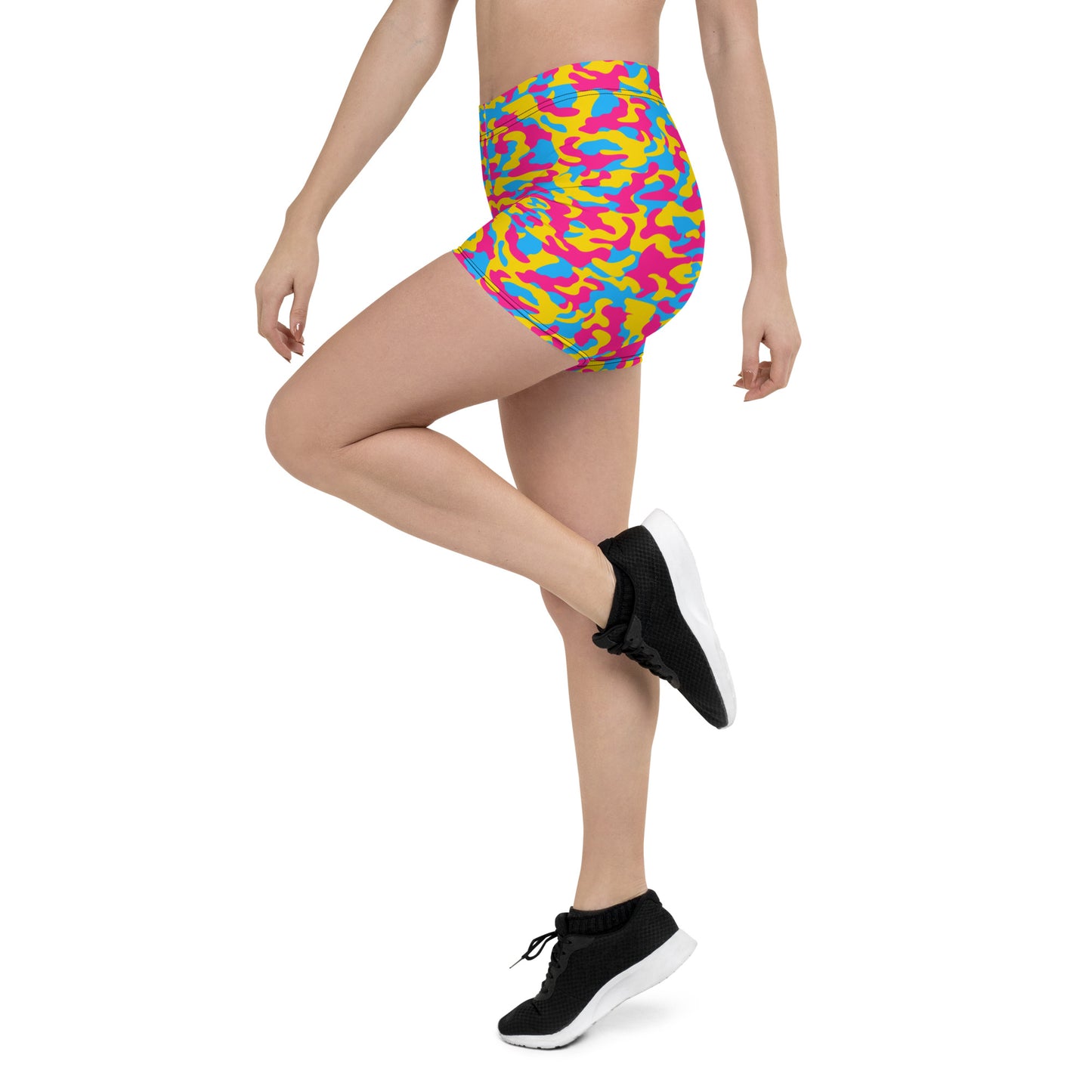 Pansexual Pride Women's Camo Fitted Shorts - LGBTQIA Pink, Blue, Yellow Pan Flag - Running Parade Club