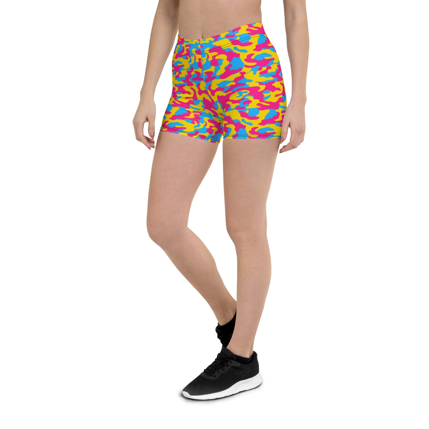 Pansexual Pride Women's Camo Fitted Shorts - LGBTQIA Pink, Blue, Yellow Pan Flag - Running Parade Club