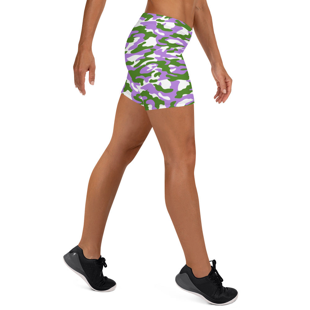 Genderqueer Pride Women's Fitted Camo Shorts - LGBTQIA Green, Purple, and White Queer Flag - Running Parade Club