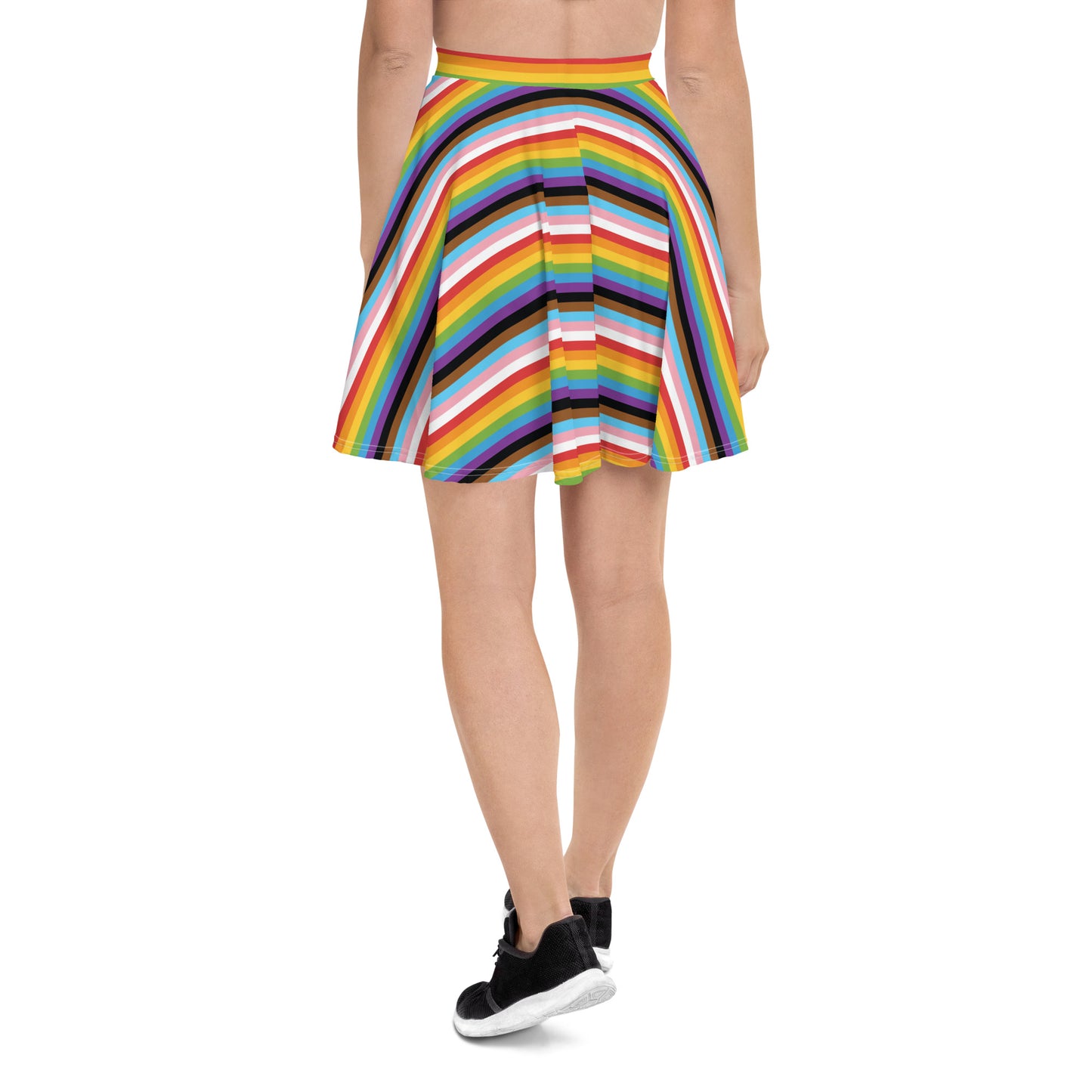 Progress Pride Pride Skater Skirt - LGBTQIA Red, Orange, Yellow, Green, Rainbow, Purple, Black, Pink and White Flag Flared Skirt - Parade Club Vacation Running