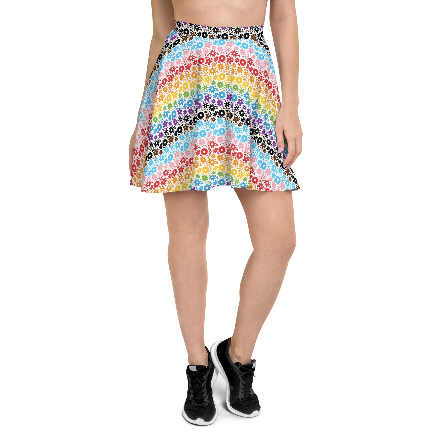 Progress Pride Pride Skater Skirt - LGBTQIA Red, Orange, Yellow, Green, Rainbow, Purple, Black, Pink and White Flag Flared Skirt - Parade Club Vacation Running