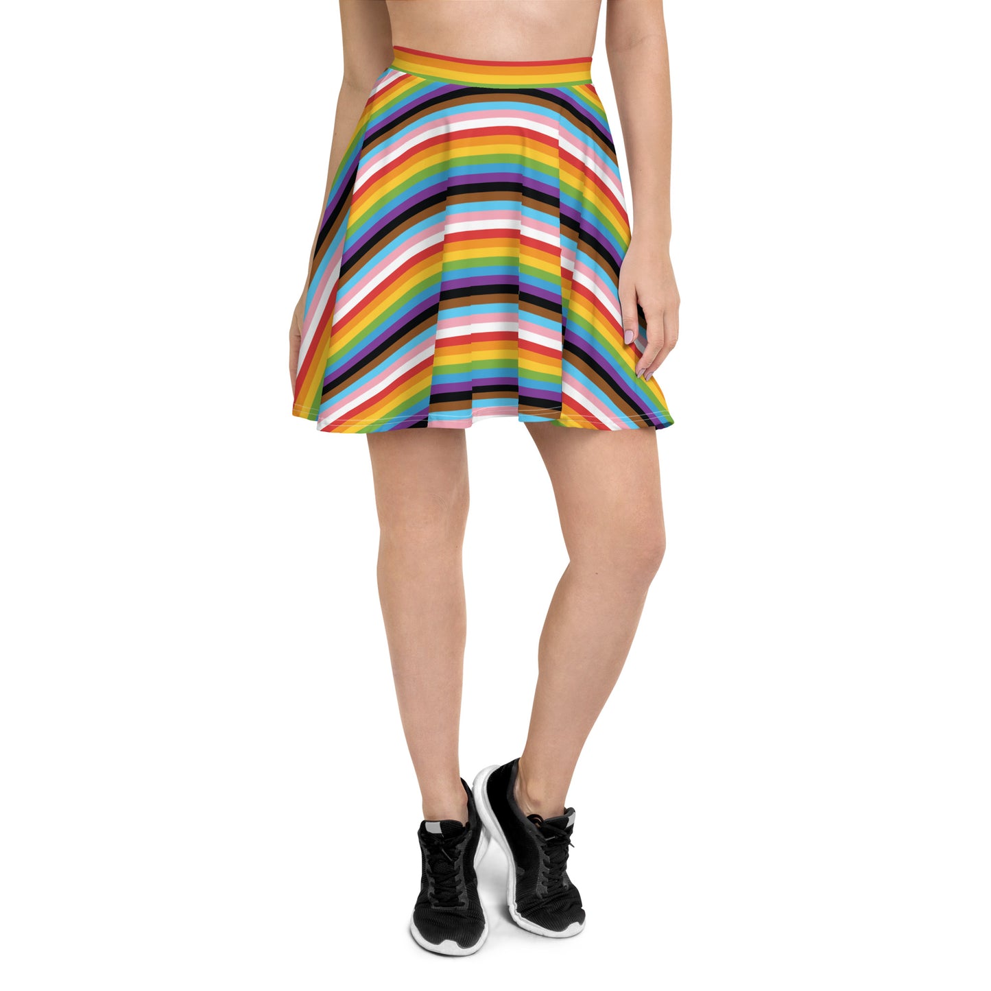 Progress Pride Pride Skater Skirt - LGBTQIA Red, Orange, Yellow, Green, Rainbow, Purple, Black, Pink and White Flag Flared Skirt - Parade Club Vacation Running