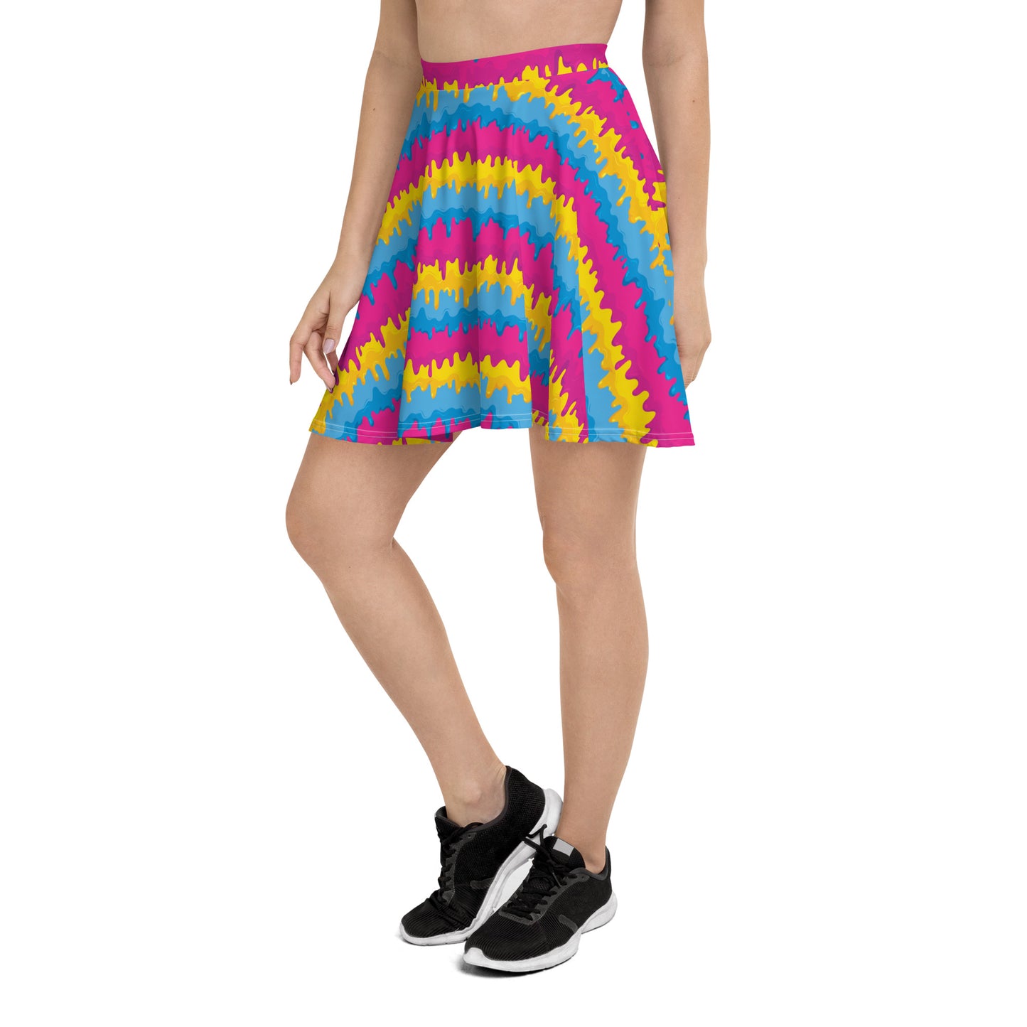 Pansexual Pride Skater Skirt - LGBTQIA Pink, Blue, Yellow Flag Flared Skirt - Parade Club Vacation Running