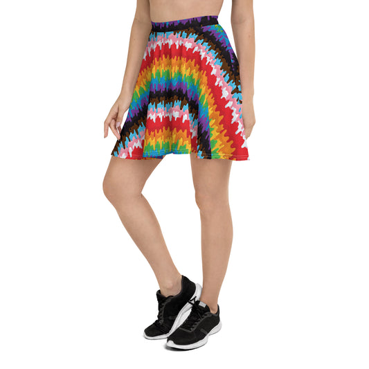 Progress Pride Pride Skater Skirt - LGBTQIA Red, Orange, Yellow, Green, Rainbow, Purple, Black, Pink and White Flag Flared Skirt - Parade Club Vacation Running