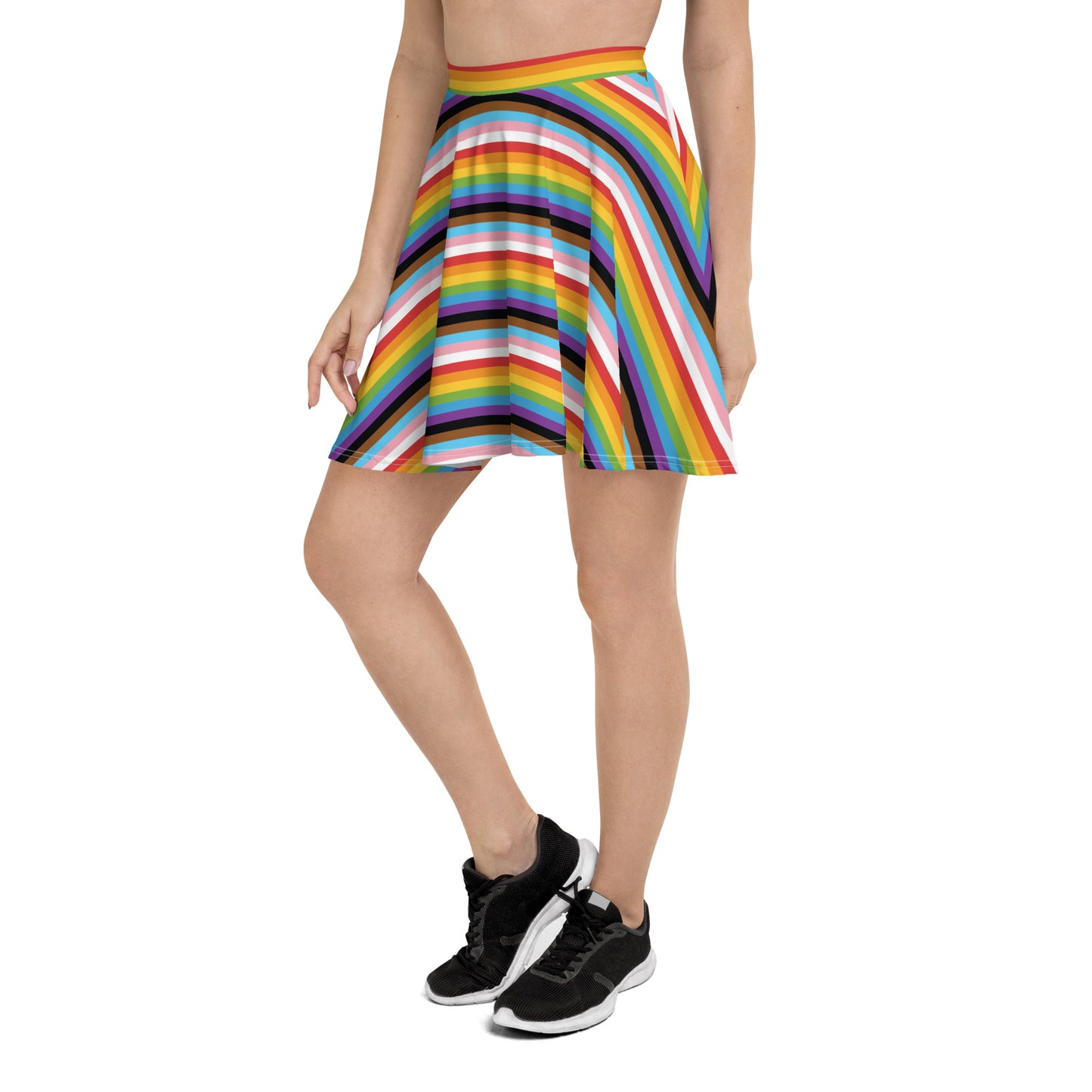 Progress Pride Pride Skater Skirt - LGBTQIA Red, Orange, Yellow, Green, Rainbow, Purple, Black, Pink and White Flag Flared Skirt - Parade Club Vacation Running