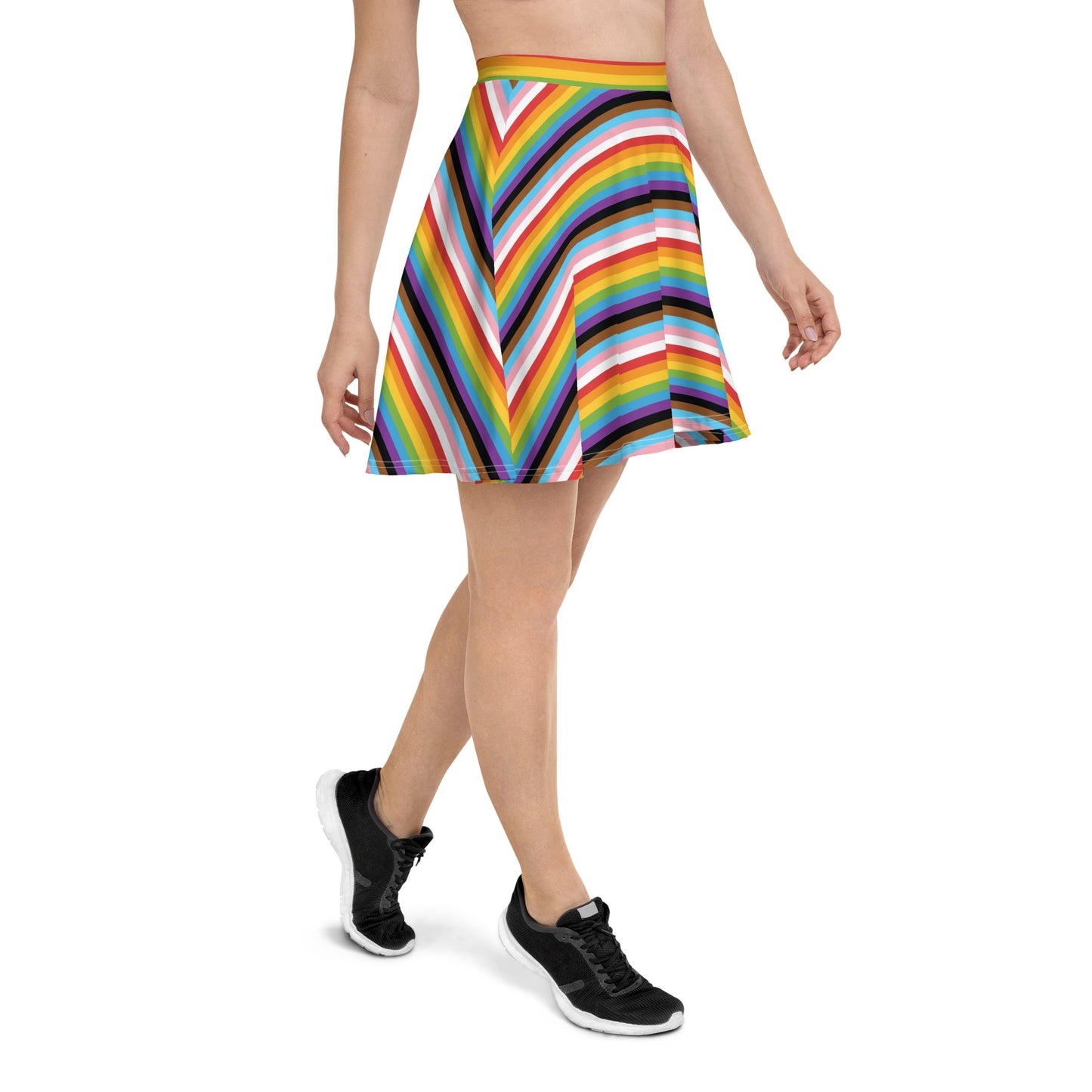 Progress Pride Pride Skater Skirt - LGBTQIA Red, Orange, Yellow, Green, Rainbow, Purple, Black, Pink and White Flag Flared Skirt - Parade Club Vacation Running