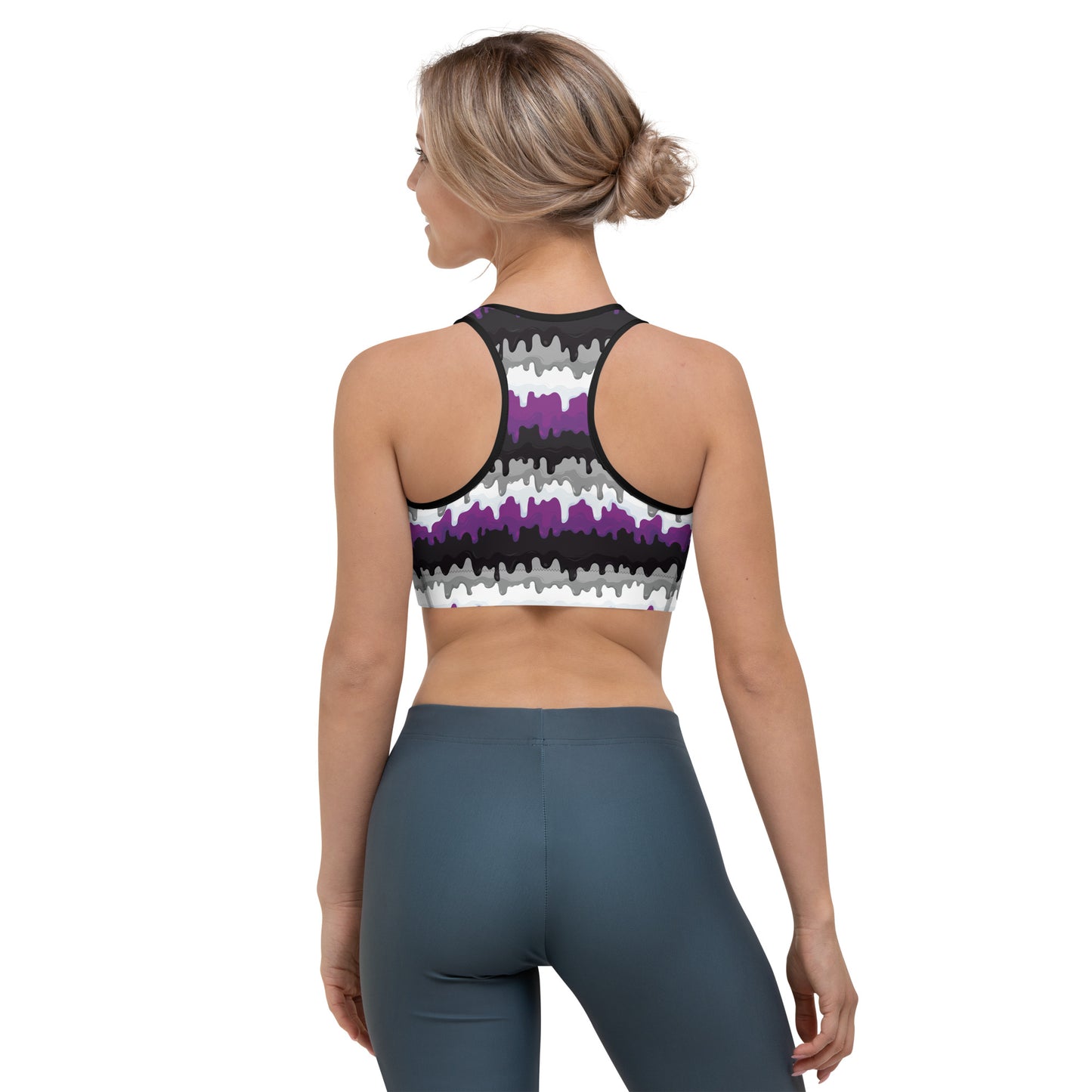 Asexual Pride Sports Bra - LGBTQIA Black, Gray, Purple, and White Flag Activewear - Parade Club Running