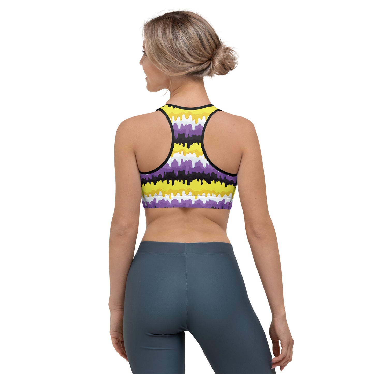 Non Binary Pride Sports Bra - LGBTQIA Yellow, Purple, White, Black Flag Activewear - Parade Club Running