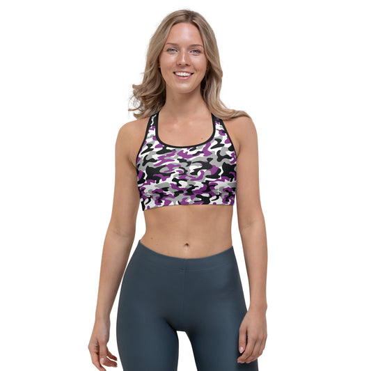 Asexual Pride Sports Bra - LGBTQIA Black, Gray, Purple, and White Flag Activewear - Parade Club Running