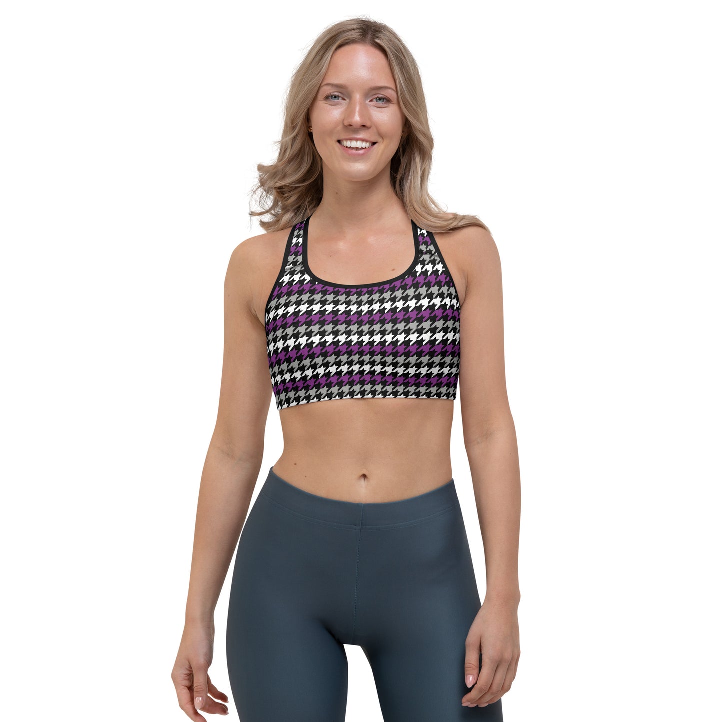 Asexual Pride Sports Bra - LGBTQIA Black, Gray, Purple, and White Flag Activewear - Parade Club Running