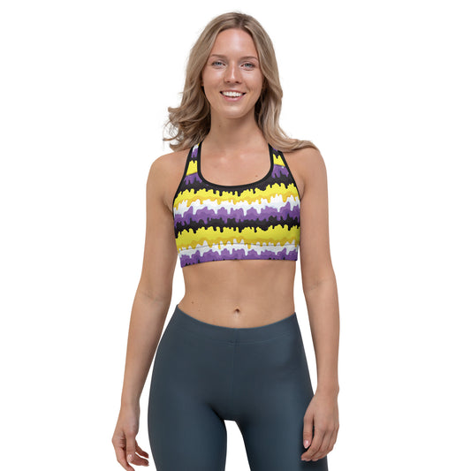 Non Binary Pride Sports Bra - LGBTQIA Yellow, Purple, White, Black Flag Activewear - Parade Club Running