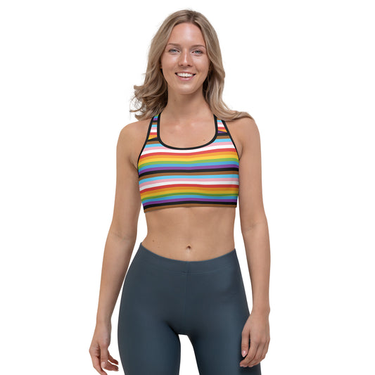 Progress Pride Pride Sports Bra - LGBTQIA Red, Orange, Yellow, Green, Rainbow, Purple, Black, Pink and White Flag Activewear - Parade Club Running