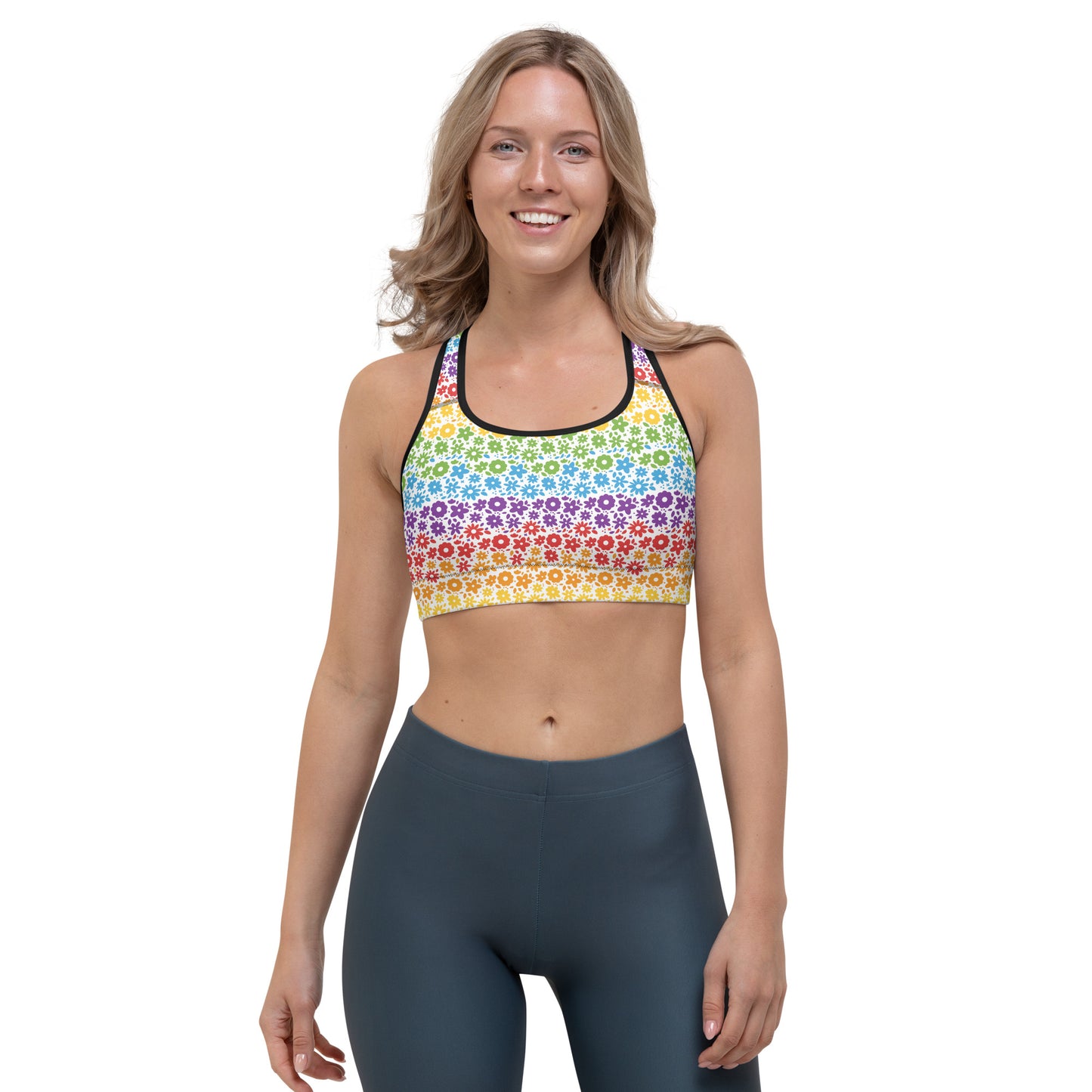 Rainbow Pride Sports Bra - LGBTQIA Red, Orange, Yellow, Green, Blue, Indigo, and Viole Flag Activewear - Parade Club Running