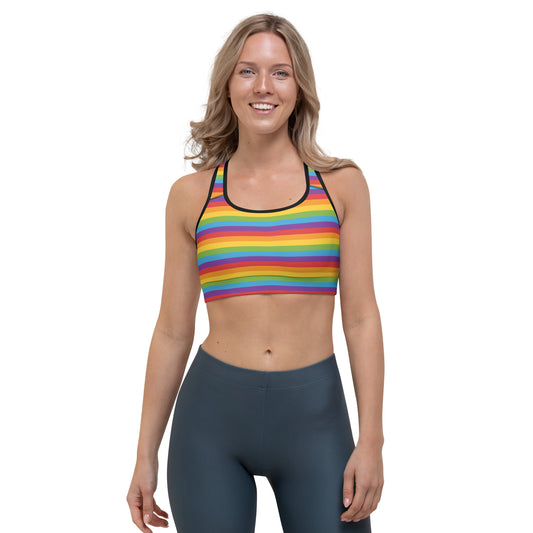 Rainbow Pride Sports Bra - LGBTQIA Red, Orange, Yellow, Green, Blue, Indigo, and Viole Flag Activewear - Parade Club Running