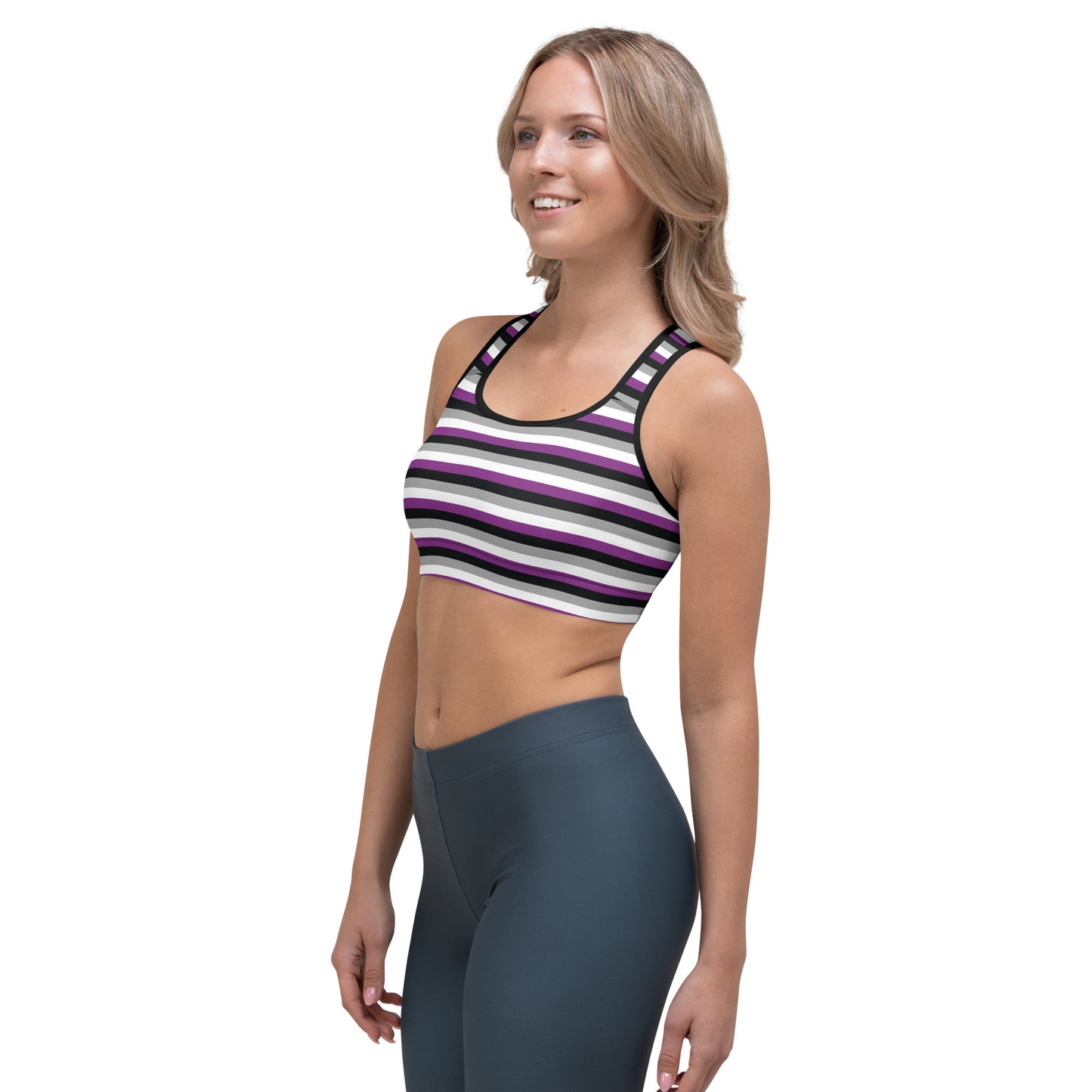 Asexual Pride Sports Bra - LGBTQIA Black, Gray, Purple, and White Flag Activewear - Parade Club Running