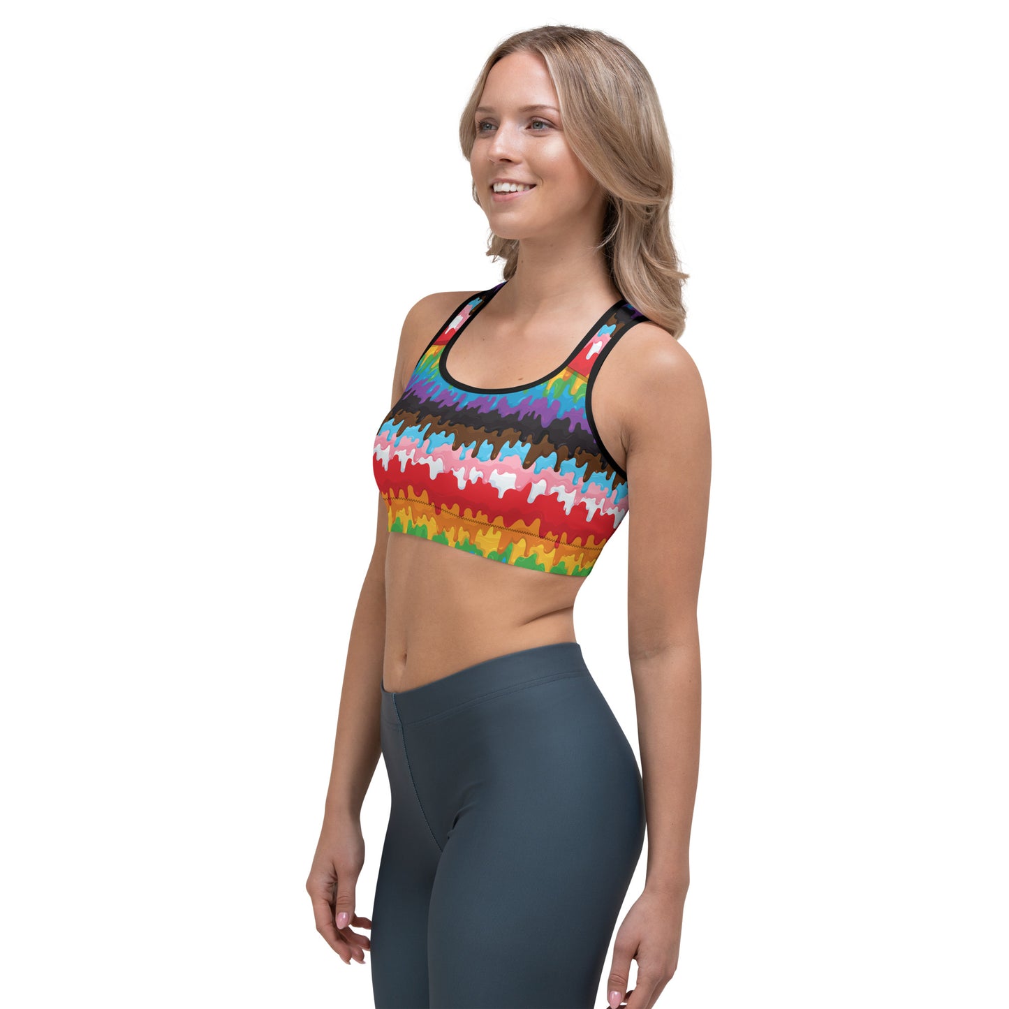 Progress Pride Pride Sports Bra - LGBTQIA Red, Orange, Yellow, Green, Rainbow, Purple, Black, Pink and White Flag Activewear - Parade Club Running