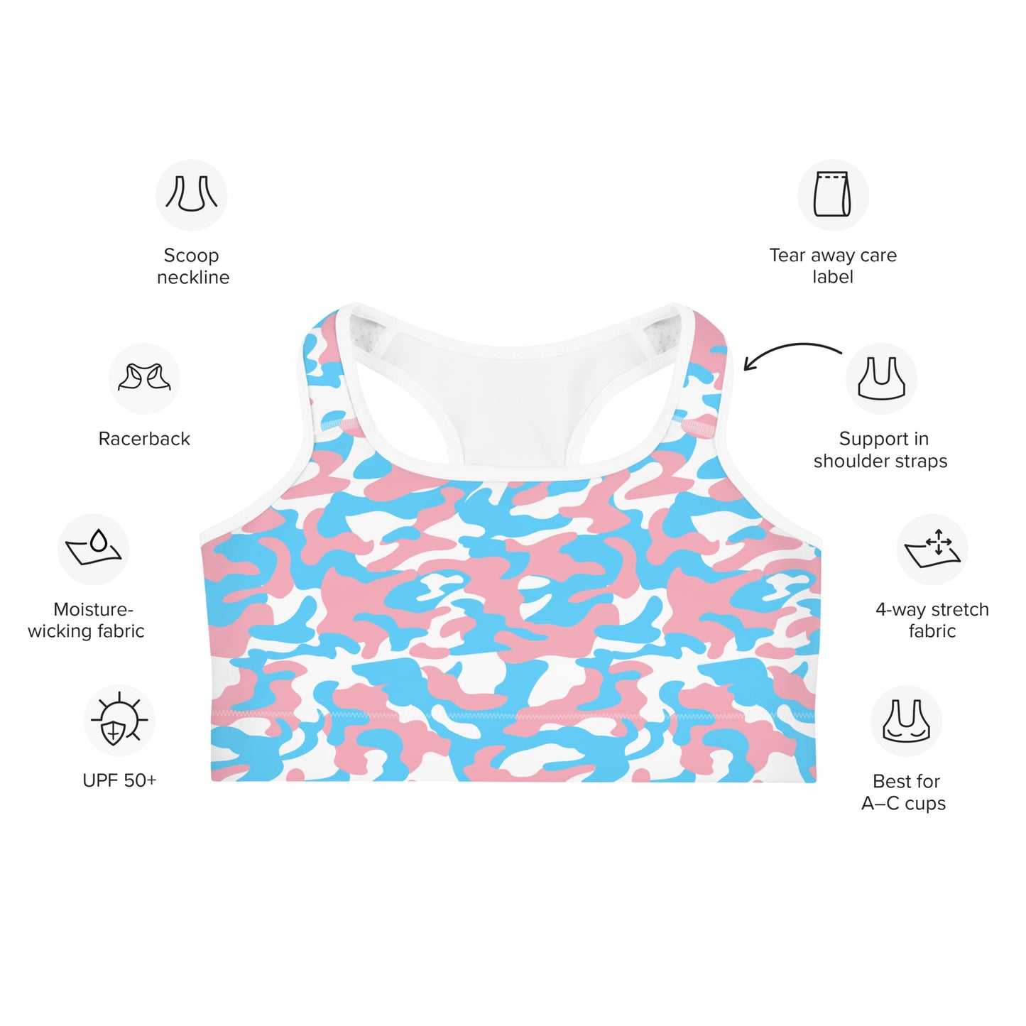 Transgender Pride Camo Sports Bra - LGBTQIA LGBT LGBTQ Pink White Blue Trans Flag - Parade Club Running