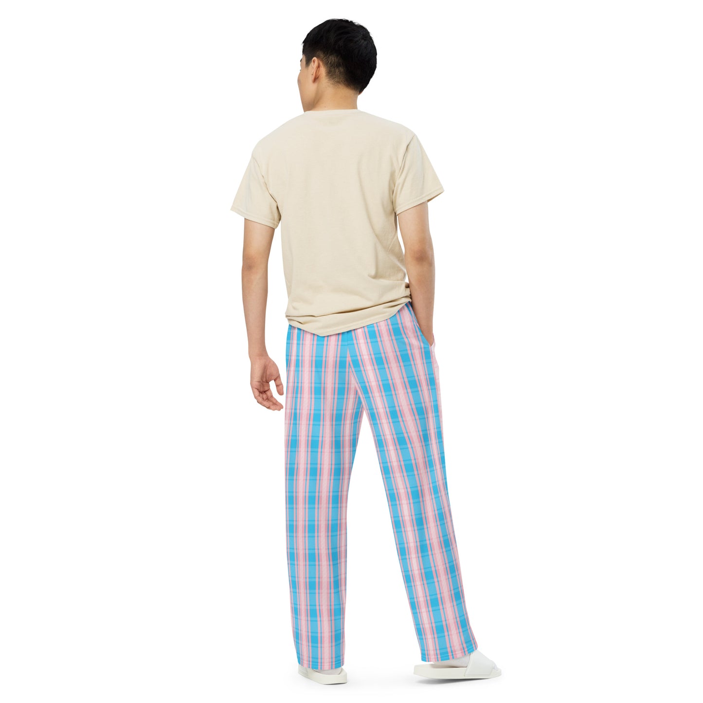 Transgender Pride Unisex Plaid Wide Leg Pants - LGBTQIA Pink White Blue Trans Flag - Parade Club PJ Pajamas