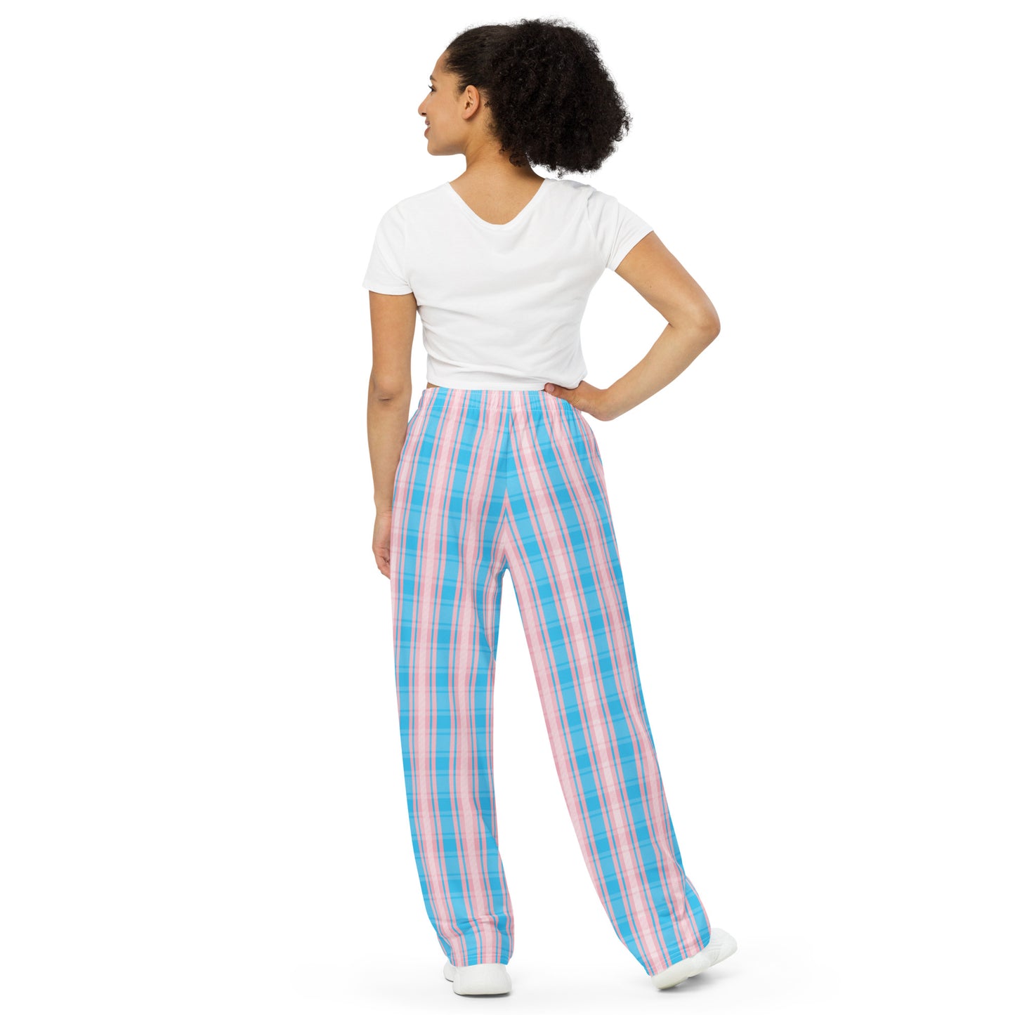 Transgender Pride Unisex Plaid Wide Leg Pants - LGBTQIA Pink White Blue Trans Flag - Parade Club PJ Pajamas