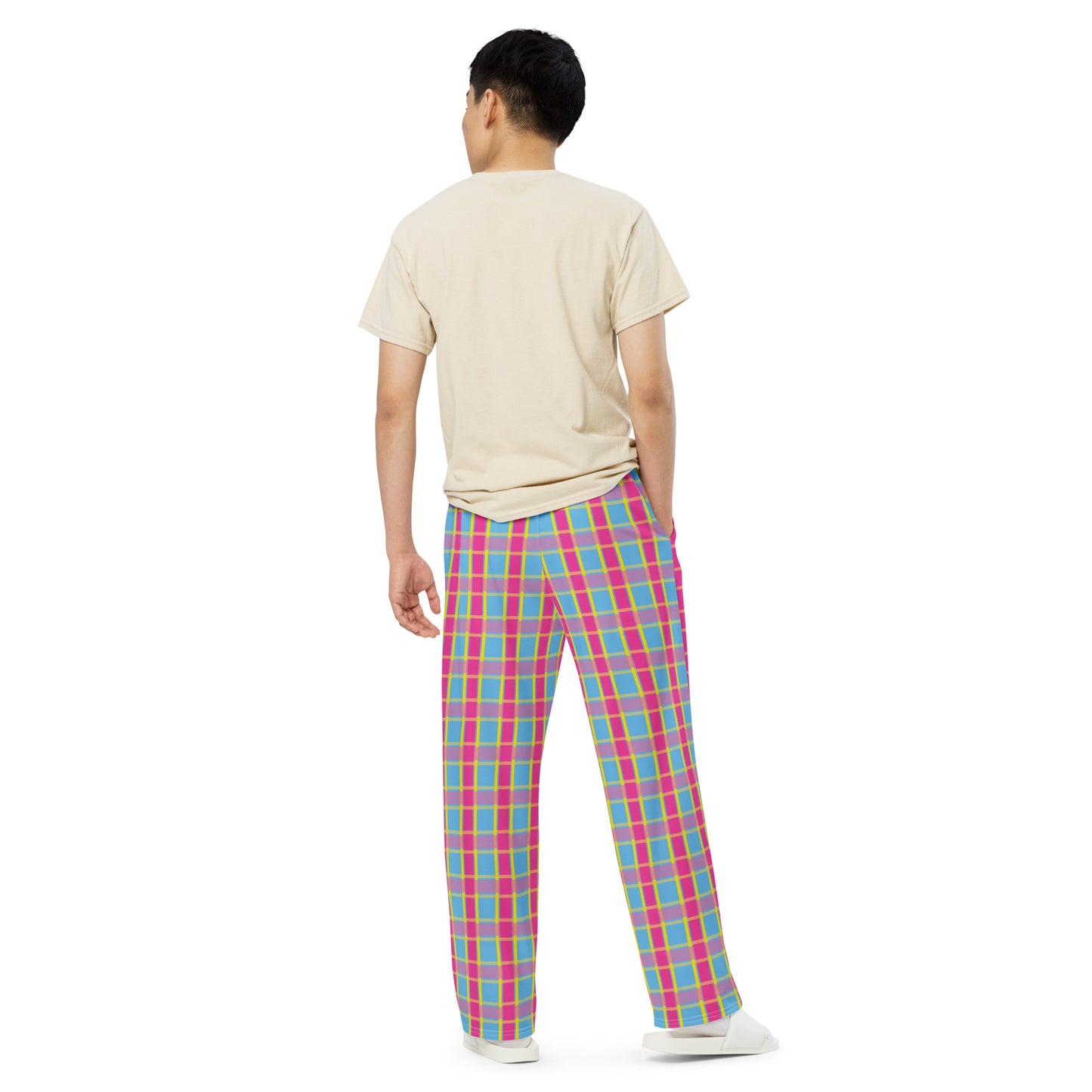 Pansexual Pride Unisex Plaid Wide Leg Pants - LGBTQIA Pink Yellow Blue Pan Flag - Parade Club PJ Pajamas