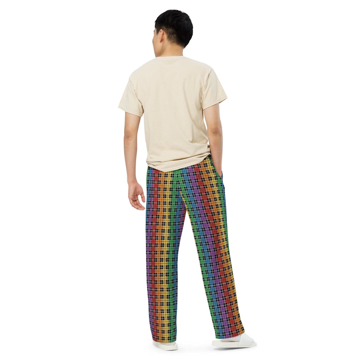 Gay Pride Unisex Rainbow Plaid Wide Leg Pants - LGBTQIA Rainbow Gay Flag - Parade Club PJ Pajamas