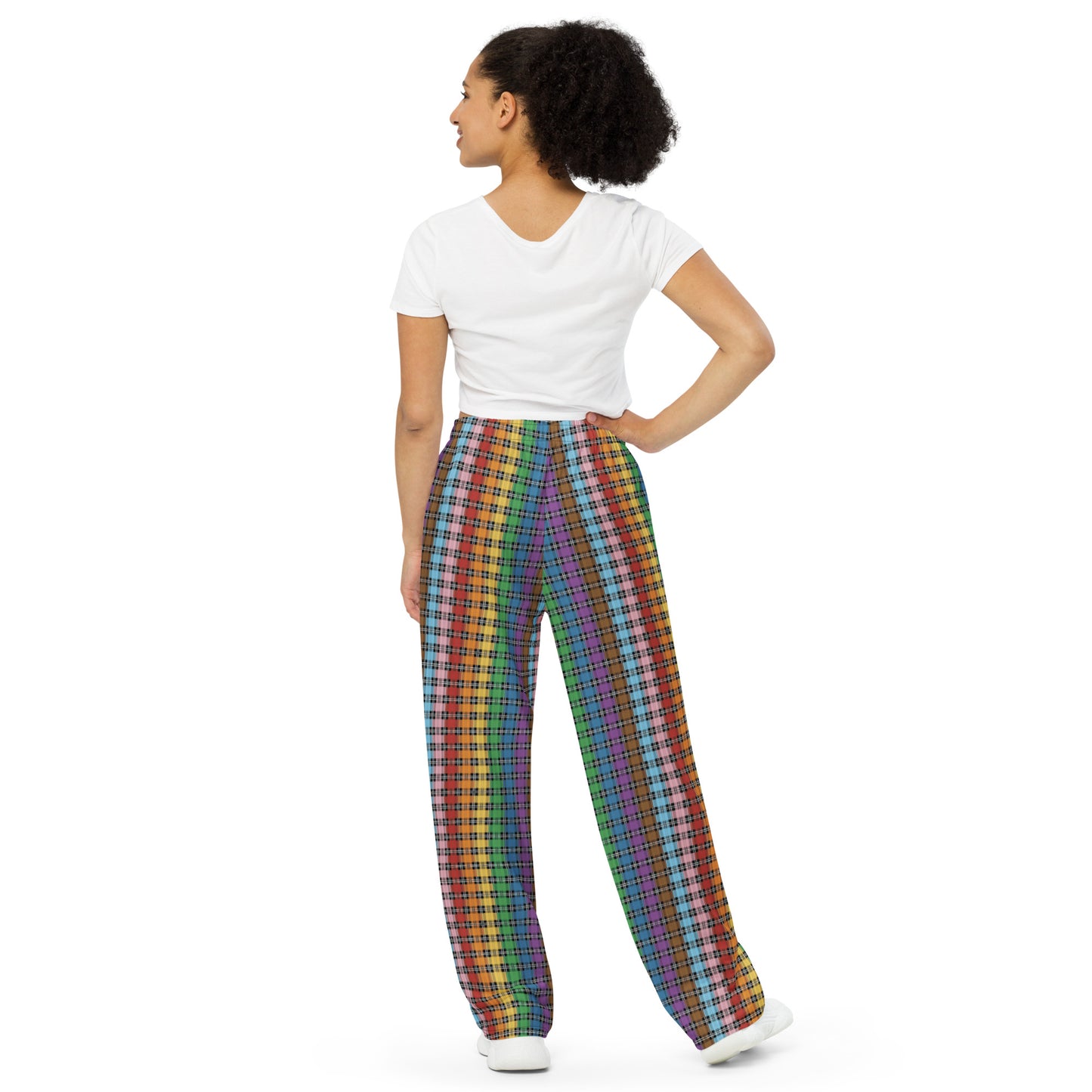 Progress Pride Unisex Rainbow Plaid Wide Leg Pants - LGBTQIA Rainbow Pink White Blue Gay Flag - Parade Club PJ Pajamas