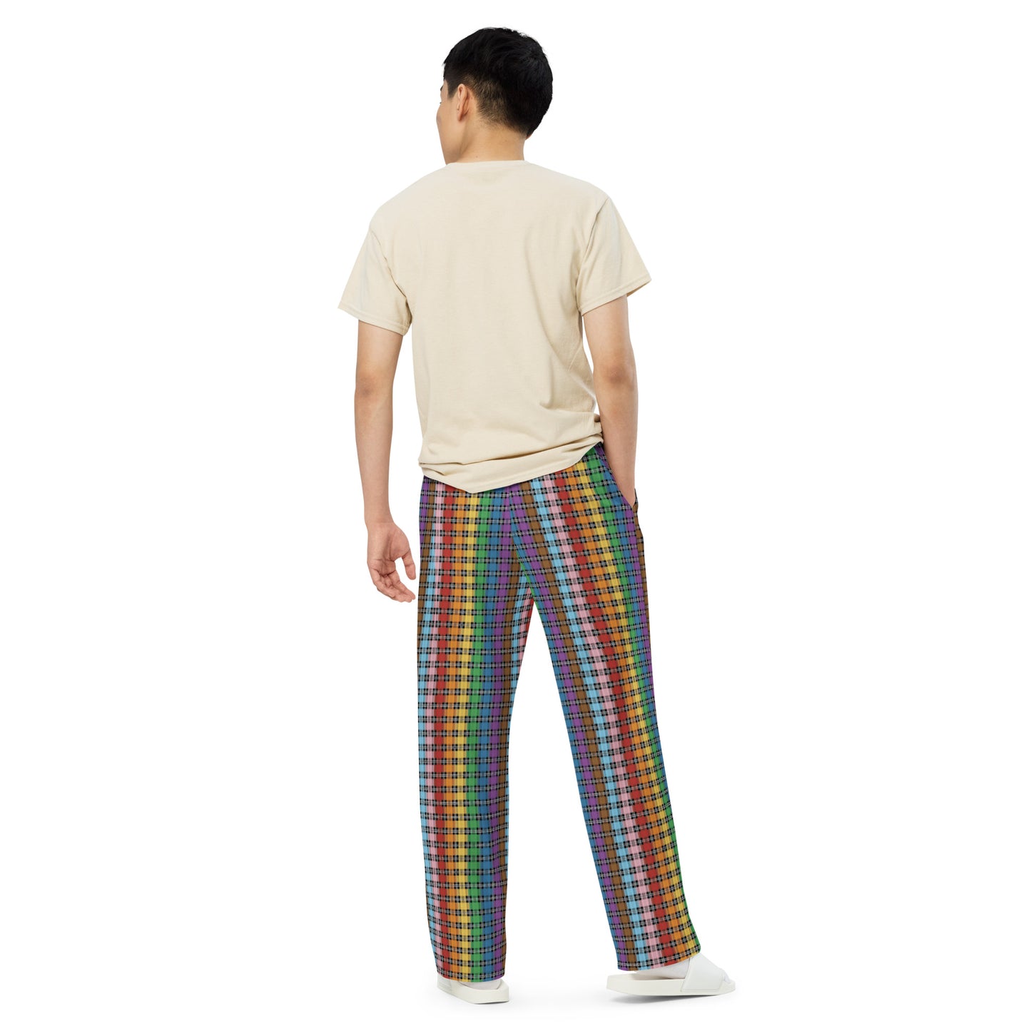 Progress Pride Unisex Rainbow Plaid Wide Leg Pants - LGBTQIA Rainbow Pink White Blue Gay Flag - Parade Club PJ Pajamas