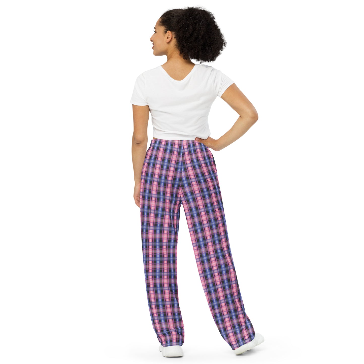 Genderfluid Pride Unisex Plaid Wide Leg Pants - LGBTQIA Pink White Purple Black Blue Flag - Parade Club PJ Pajamas