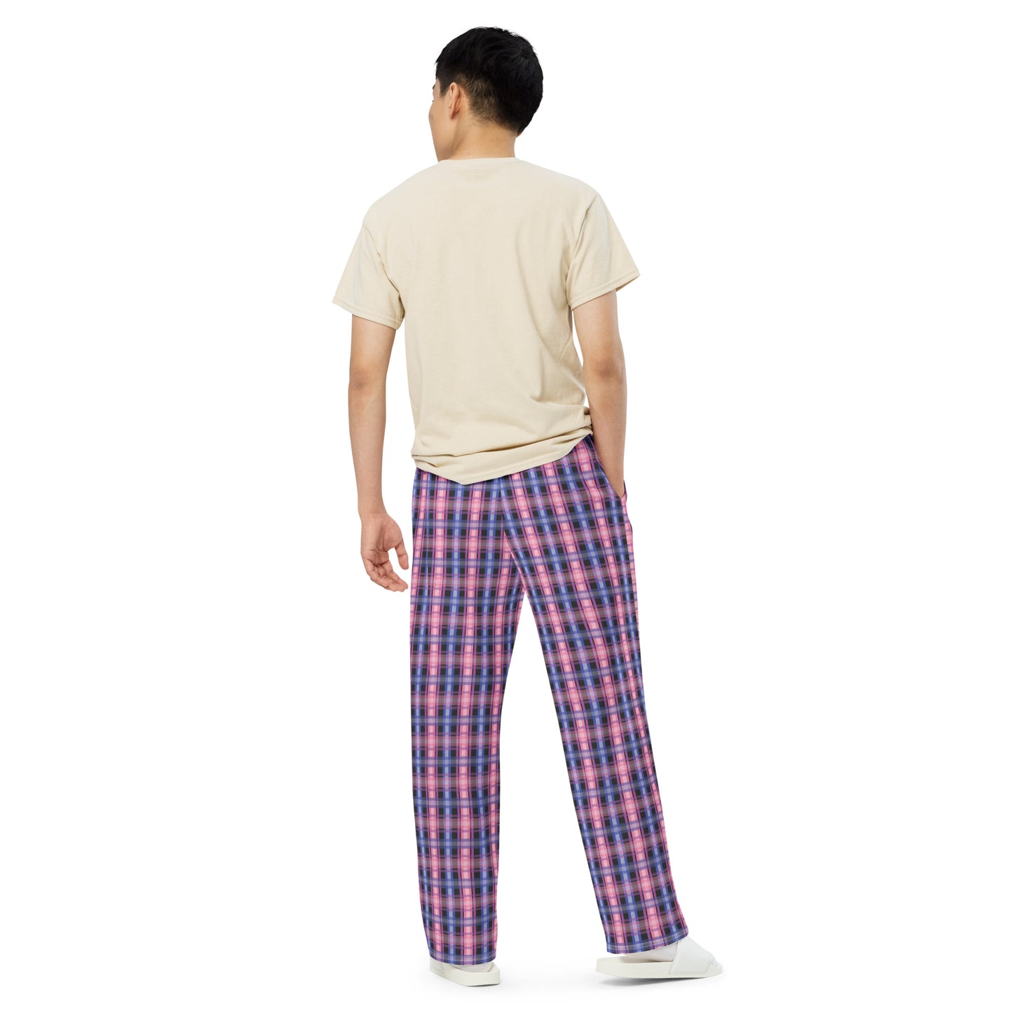 Genderfluid Pride Unisex Plaid Wide Leg Pants - LGBTQIA Pink White Purple Black Blue Flag - Parade Club PJ Pajamas