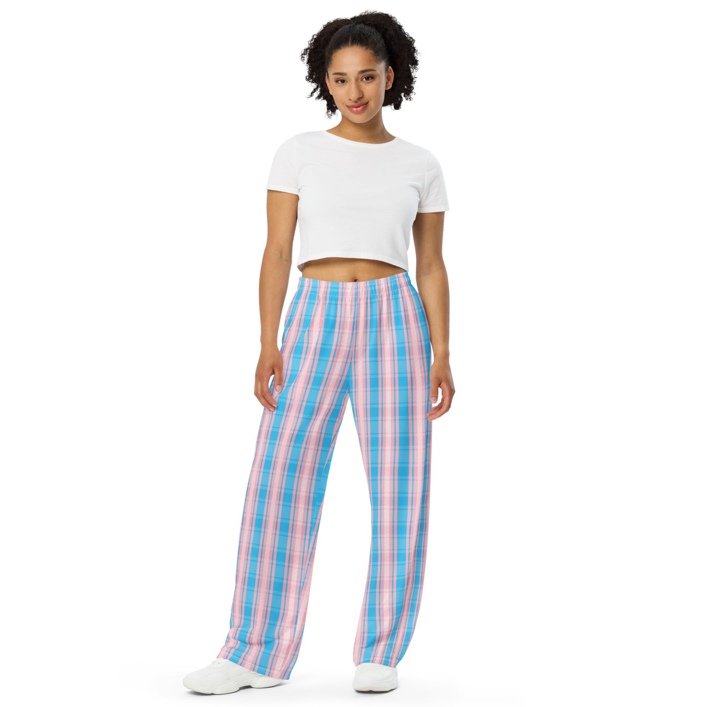 Transgender Pride Unisex Plaid Wide Leg Pants - LGBTQIA Pink White Blue Trans Flag - Parade Club PJ Pajamas