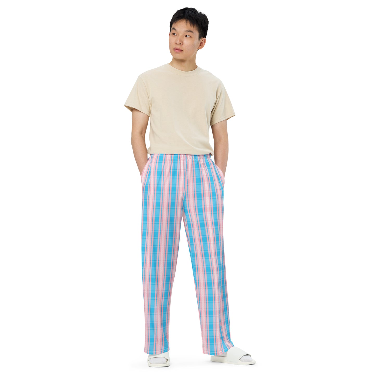 Transgender Pride Unisex Plaid Wide Leg Pants - LGBTQIA Pink White Blue Trans Flag - Parade Club PJ Pajamas