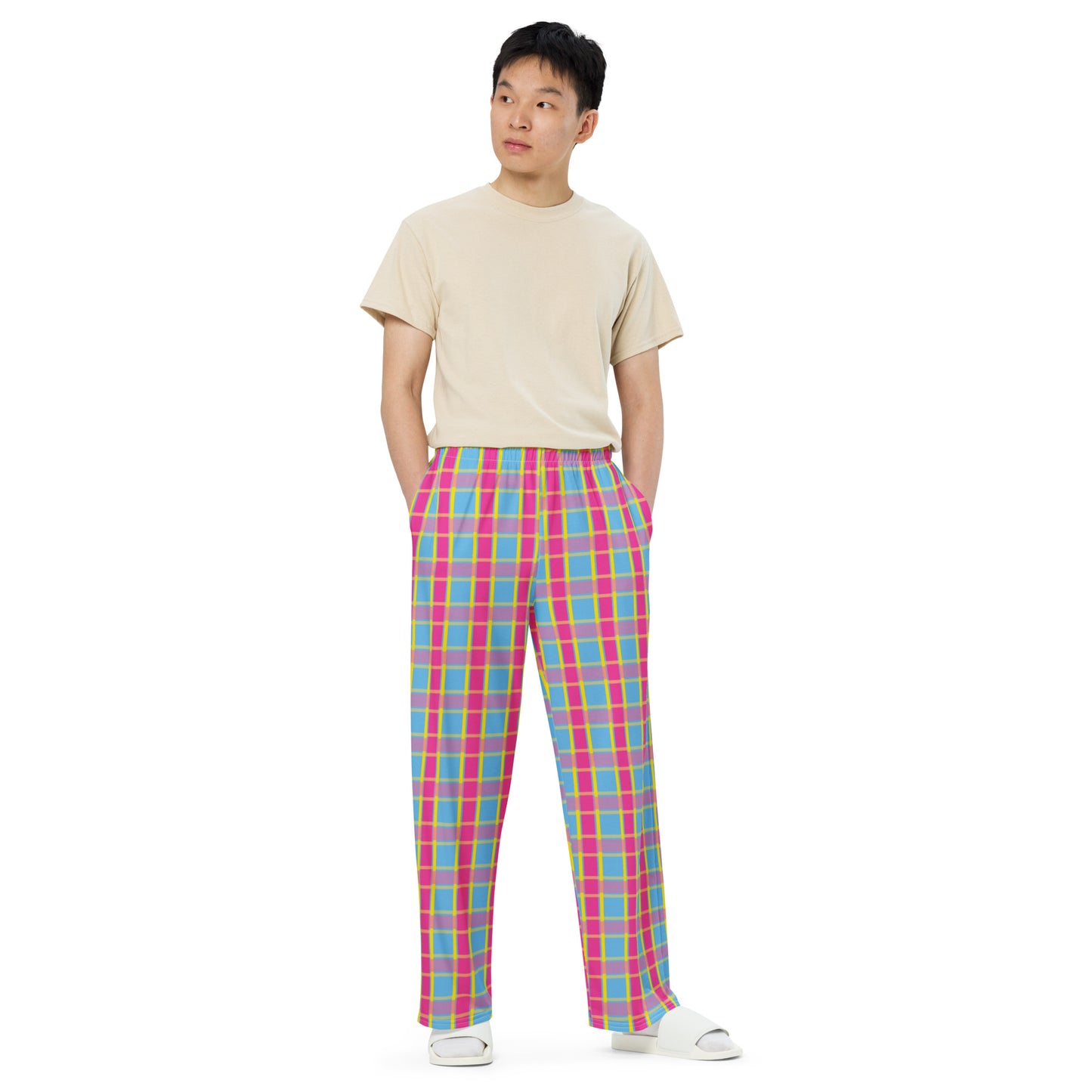 Pansexual Pride Unisex Plaid Wide Leg Pants - LGBTQIA Pink Yellow Blue Pan Flag - Parade Club PJ Pajamas