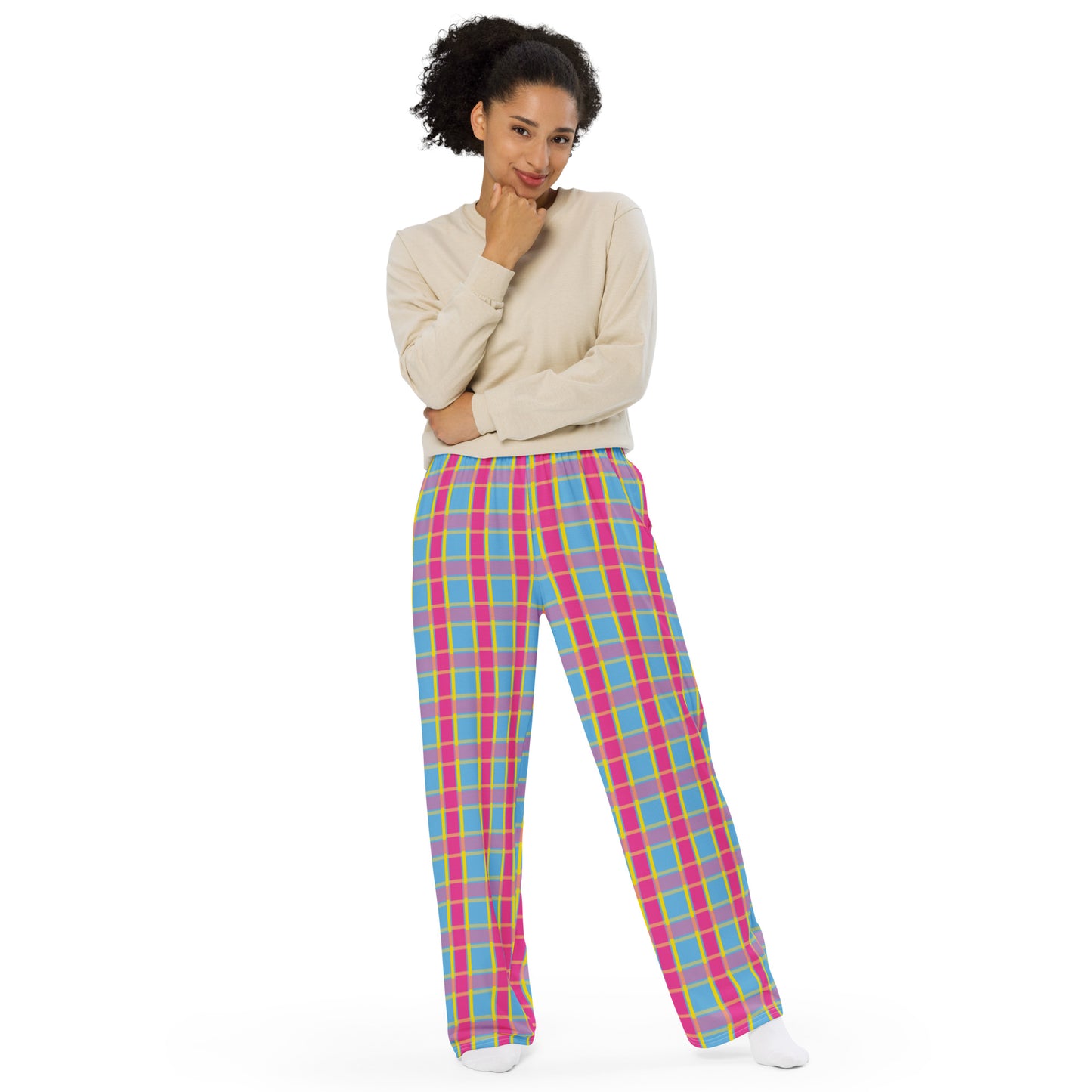 Pansexual Pride Unisex Plaid Wide Leg Pants - LGBTQIA Pink Yellow Blue Pan Flag - Parade Club PJ Pajamas