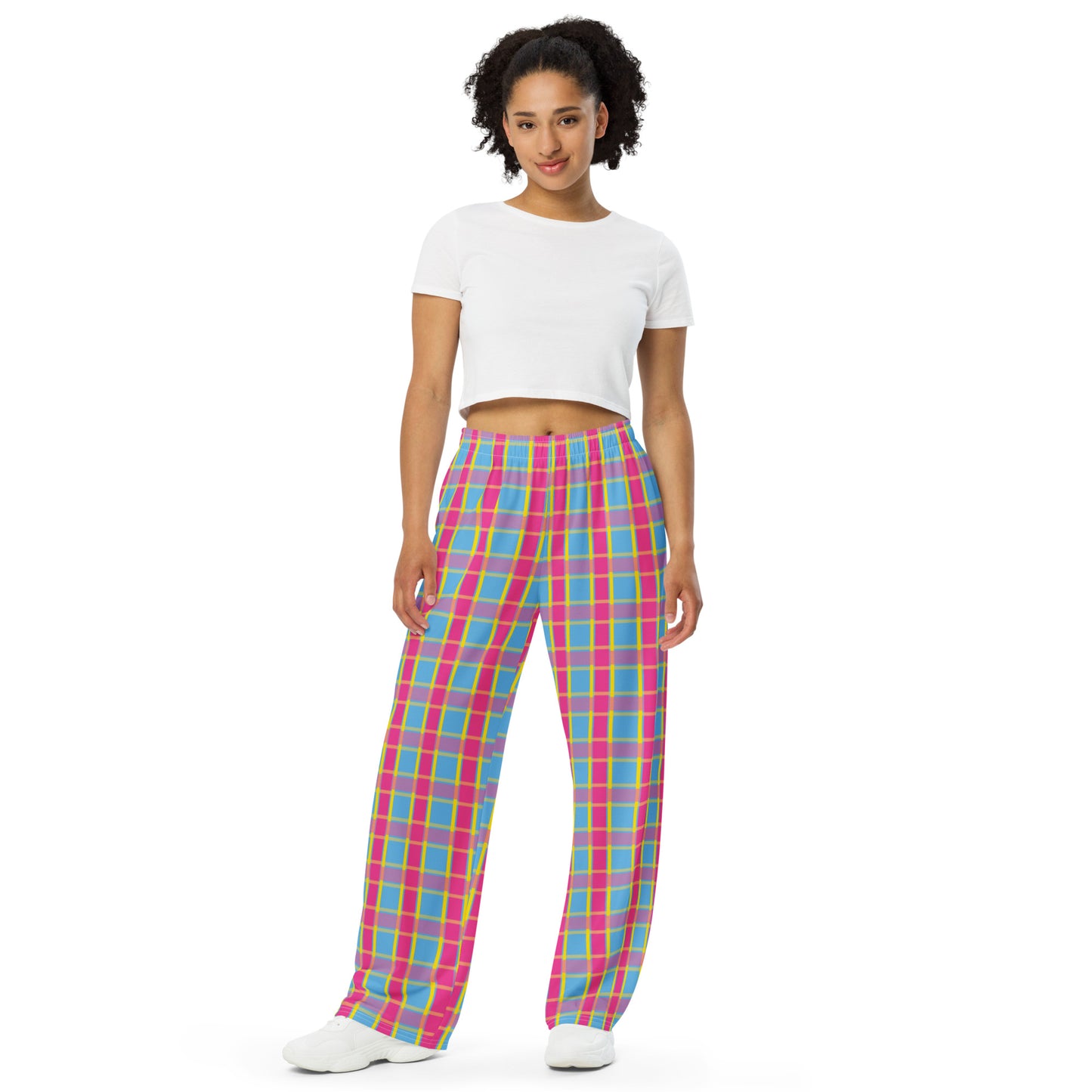 Pansexual Pride Unisex Plaid Wide Leg Pants - LGBTQIA Pink Yellow Blue Pan Flag - Parade Club PJ Pajamas