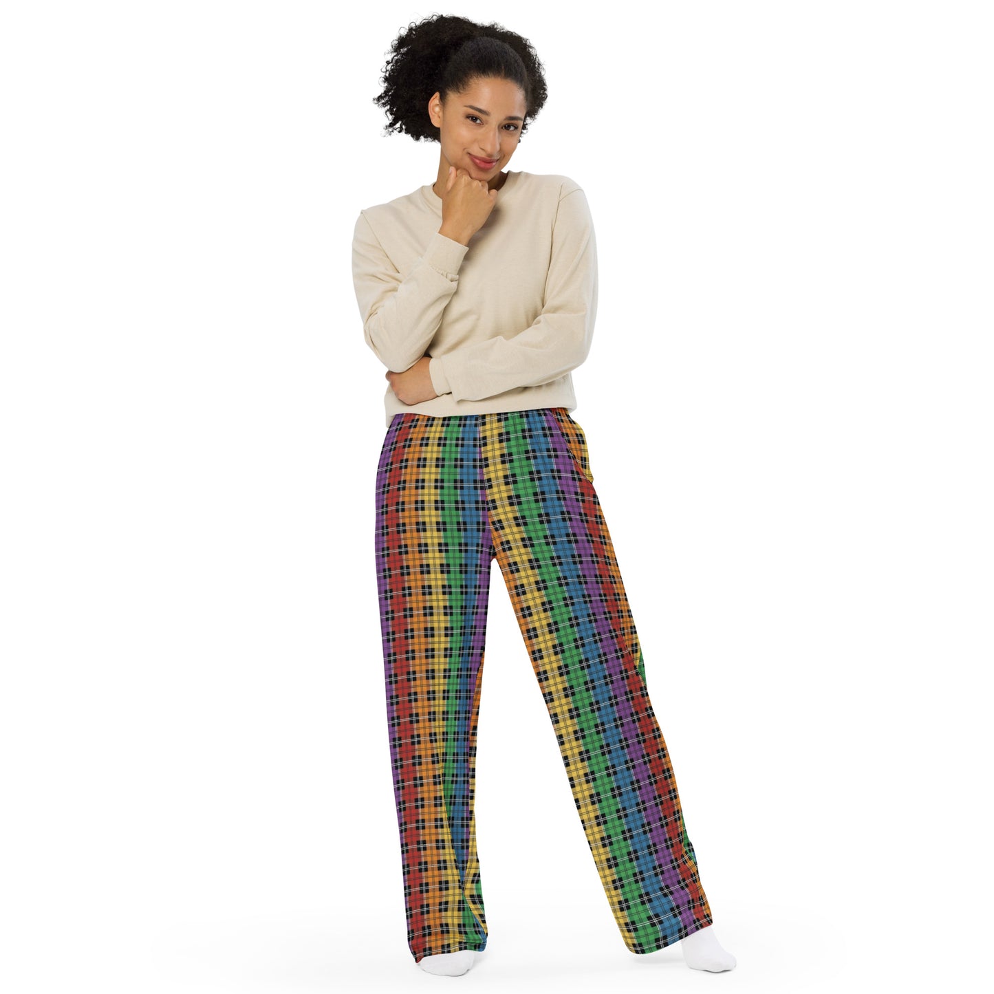 Gay Pride Unisex Rainbow Plaid Wide Leg Pants - LGBTQIA Rainbow Gay Flag - Parade Club PJ Pajamas