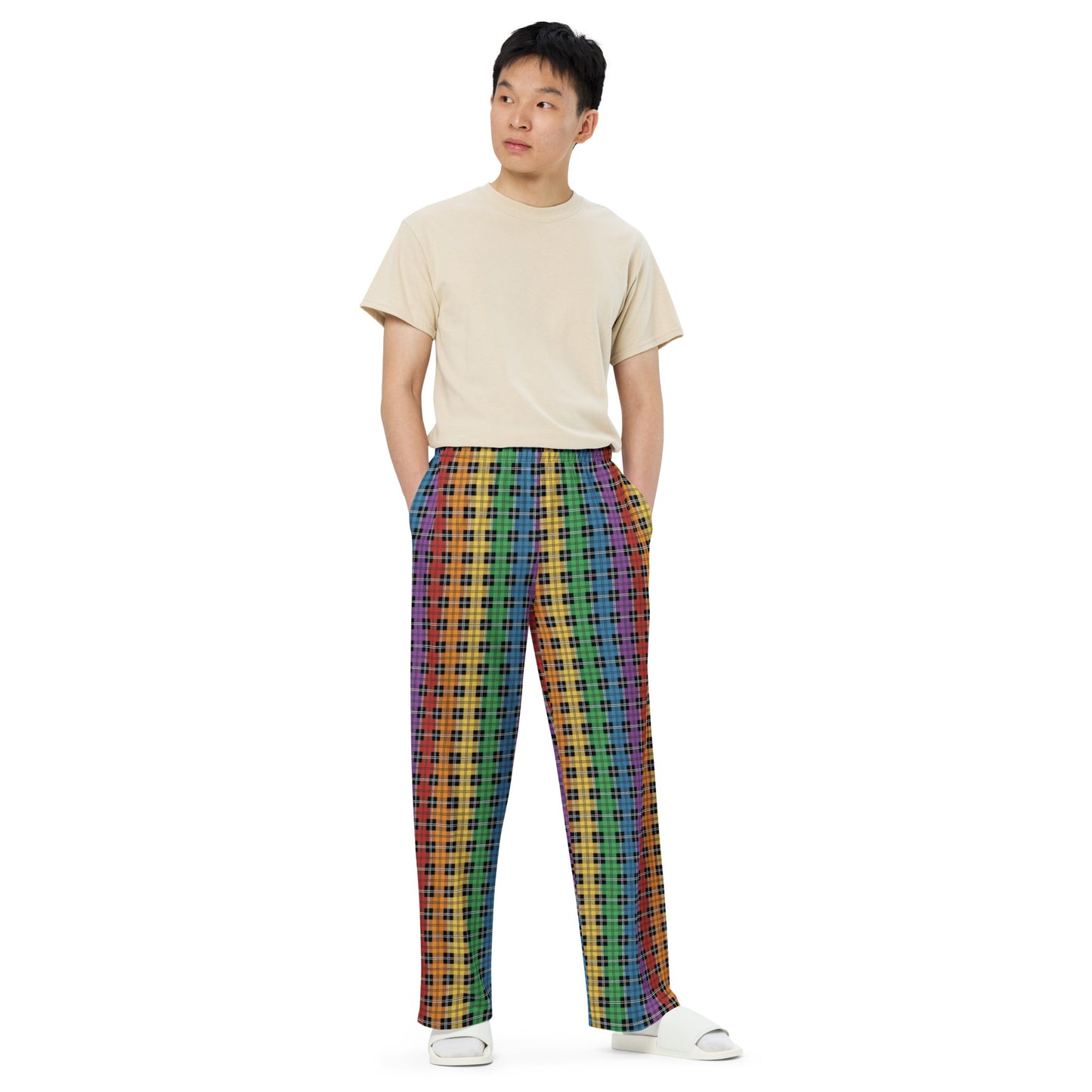 Gay Pride Unisex Rainbow Plaid Wide Leg Pants - LGBTQIA Rainbow Gay Flag - Parade Club PJ Pajamas