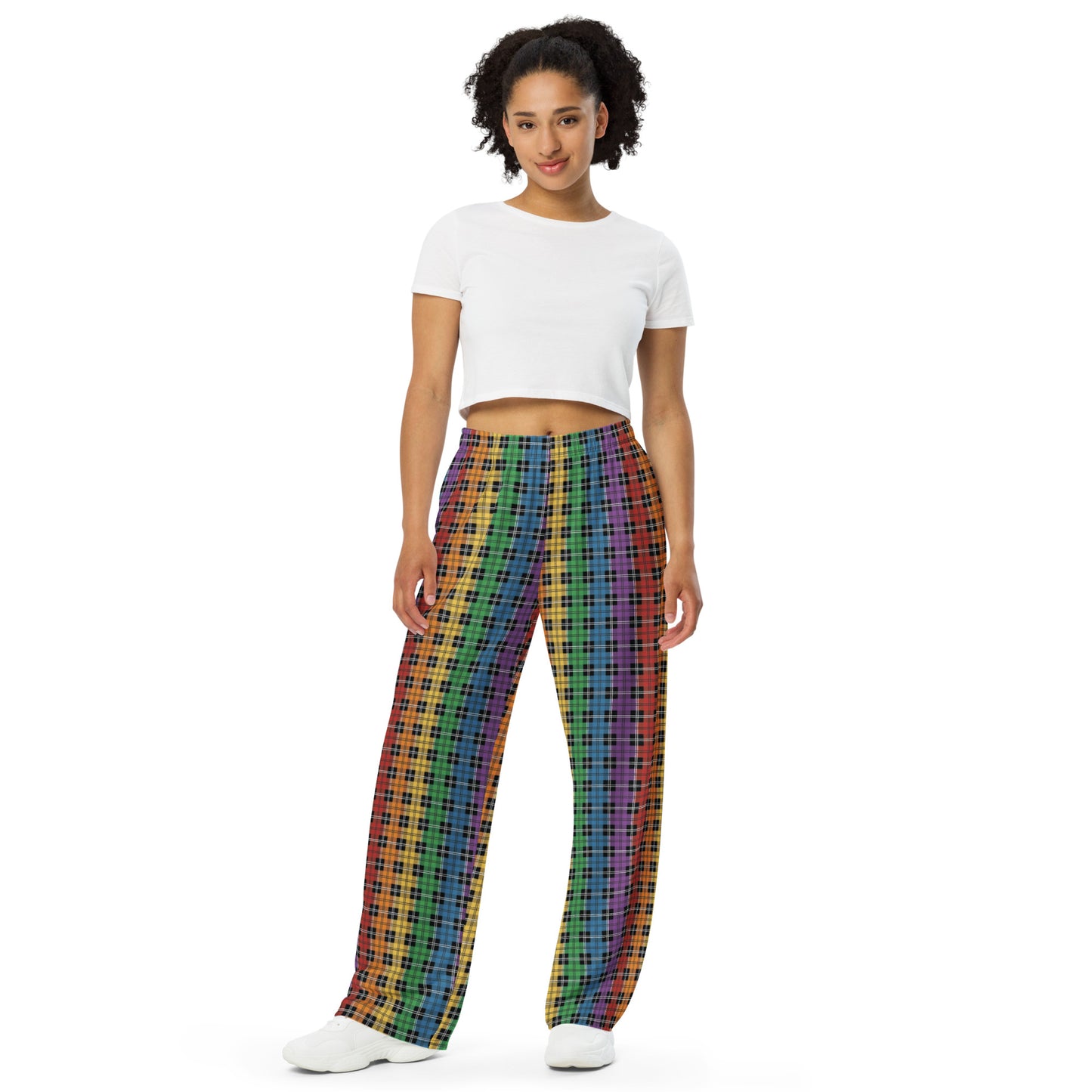 Gay Pride Unisex Rainbow Plaid Wide Leg Pants - LGBTQIA Rainbow Gay Flag - Parade Club PJ Pajamas