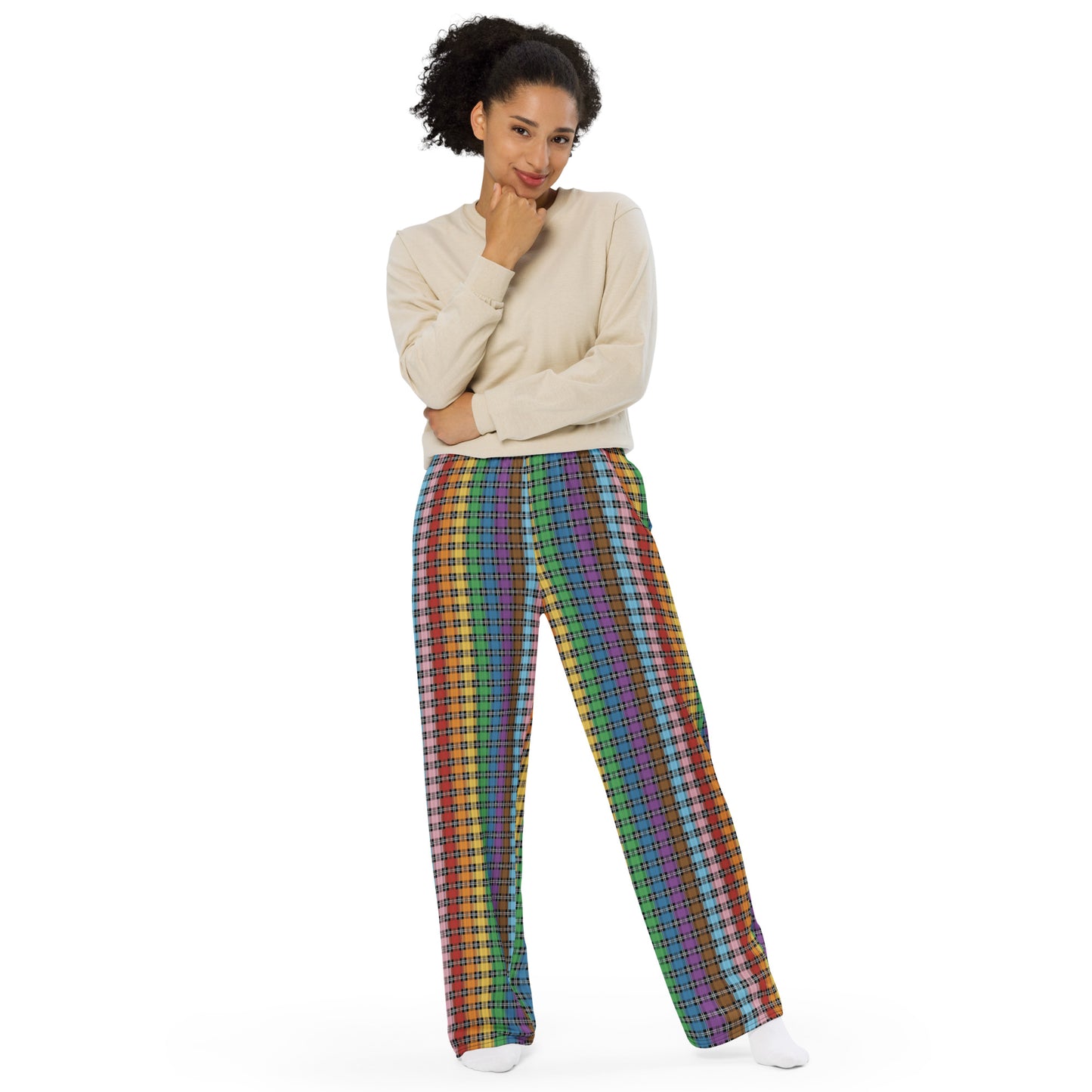 Progress Pride Unisex Rainbow Plaid Wide Leg Pants - LGBTQIA Rainbow Pink White Blue Gay Flag - Parade Club PJ Pajamas