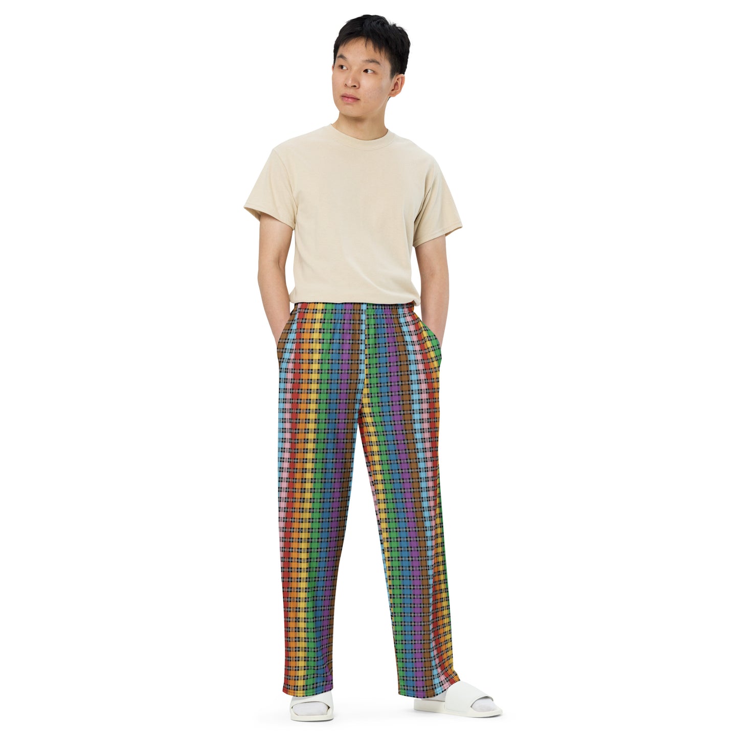 Progress Pride Unisex Rainbow Plaid Wide Leg Pants - LGBTQIA Rainbow Pink White Blue Gay Flag - Parade Club PJ Pajamas