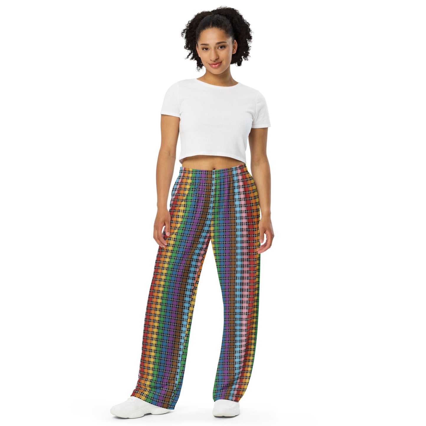 Progress Pride Unisex Rainbow Plaid Wide Leg Pants - LGBTQIA Rainbow Pink White Blue Gay Flag - Parade Club PJ Pajamas